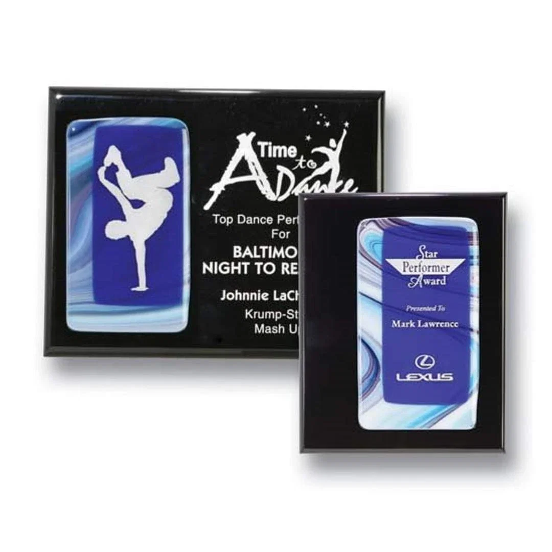 Custom Fused Art Glass Plaque on Piano Finish Wood With Acrylic Spacer for service anniversary gifts