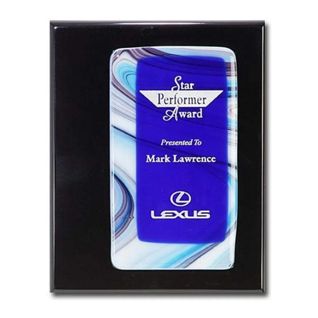 Custom Fused Art Glass Plaque on Piano Finish Wood With Acrylic Spacer for sales achievement awards