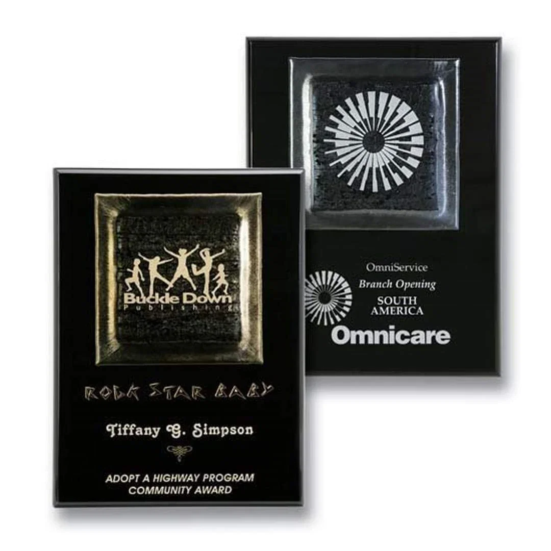 Custom Metallic Silver Art Glass Plaque Floating Above Black Piano Finish for employee recognition