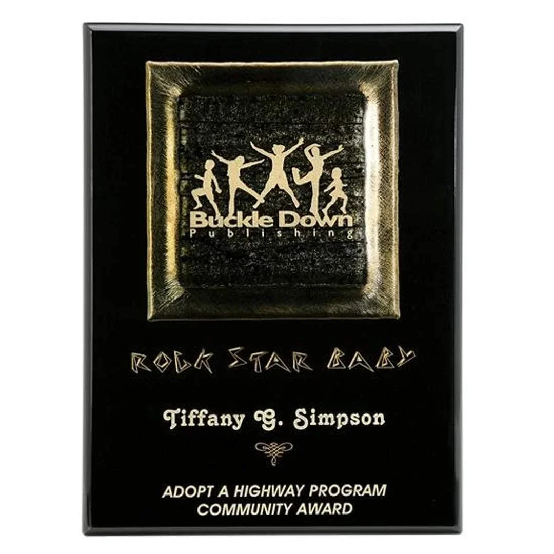 Custom Metallic Silver Art Glass Plaque Floating Above Black Piano Finish for corporate award ceremonies