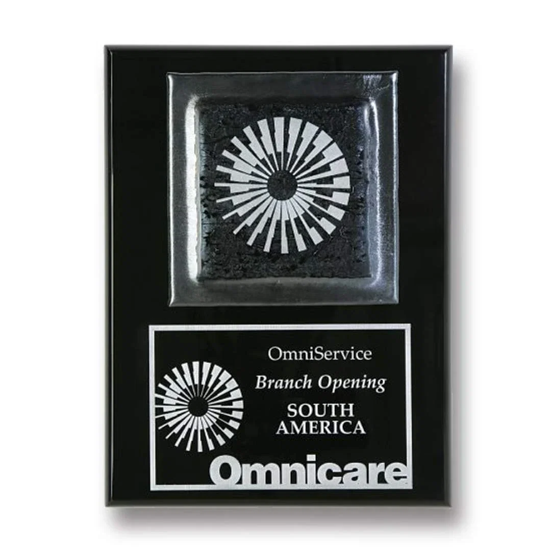 Custom Metallic Silver Art Glass Plaque Floating Above Black Piano Finish for service anniversary gifts