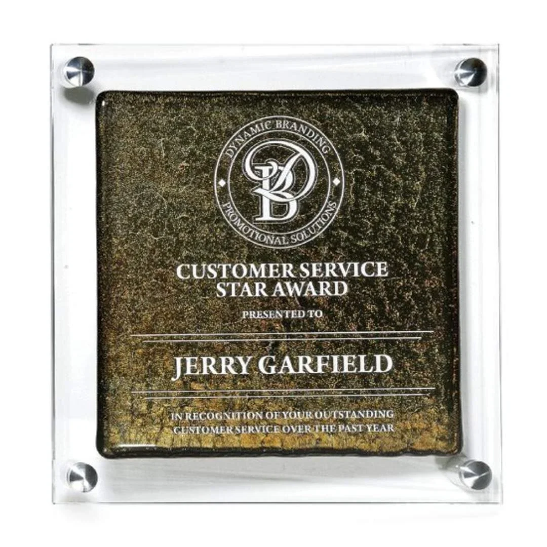 Custom Recycled Starfire Glass Wall Plaque On Silver Risers for employee recognition