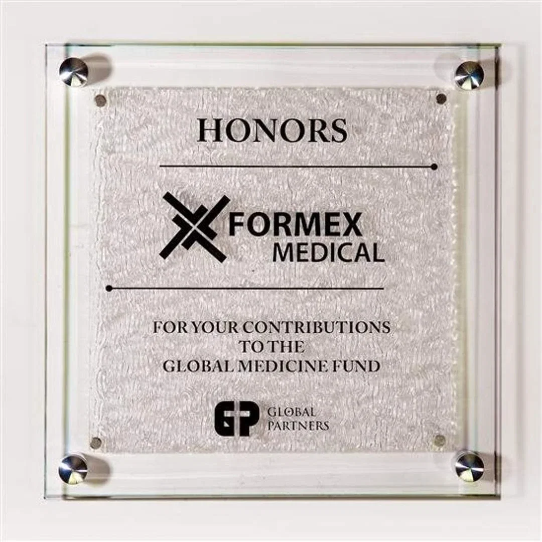 Custom Recycled Starfire Glass Wall Plaque On Silver Risers for corporate award ceremonies