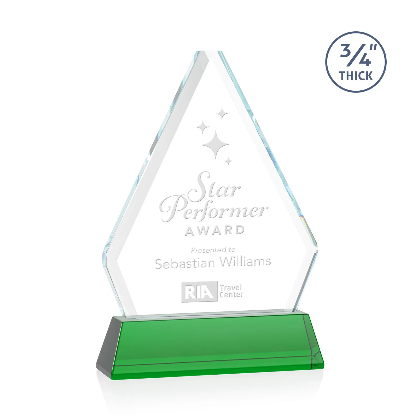 Custom Starfire Crystal Diamond Award with Base Inscription on Tall Base, awards for volunteer appreciation