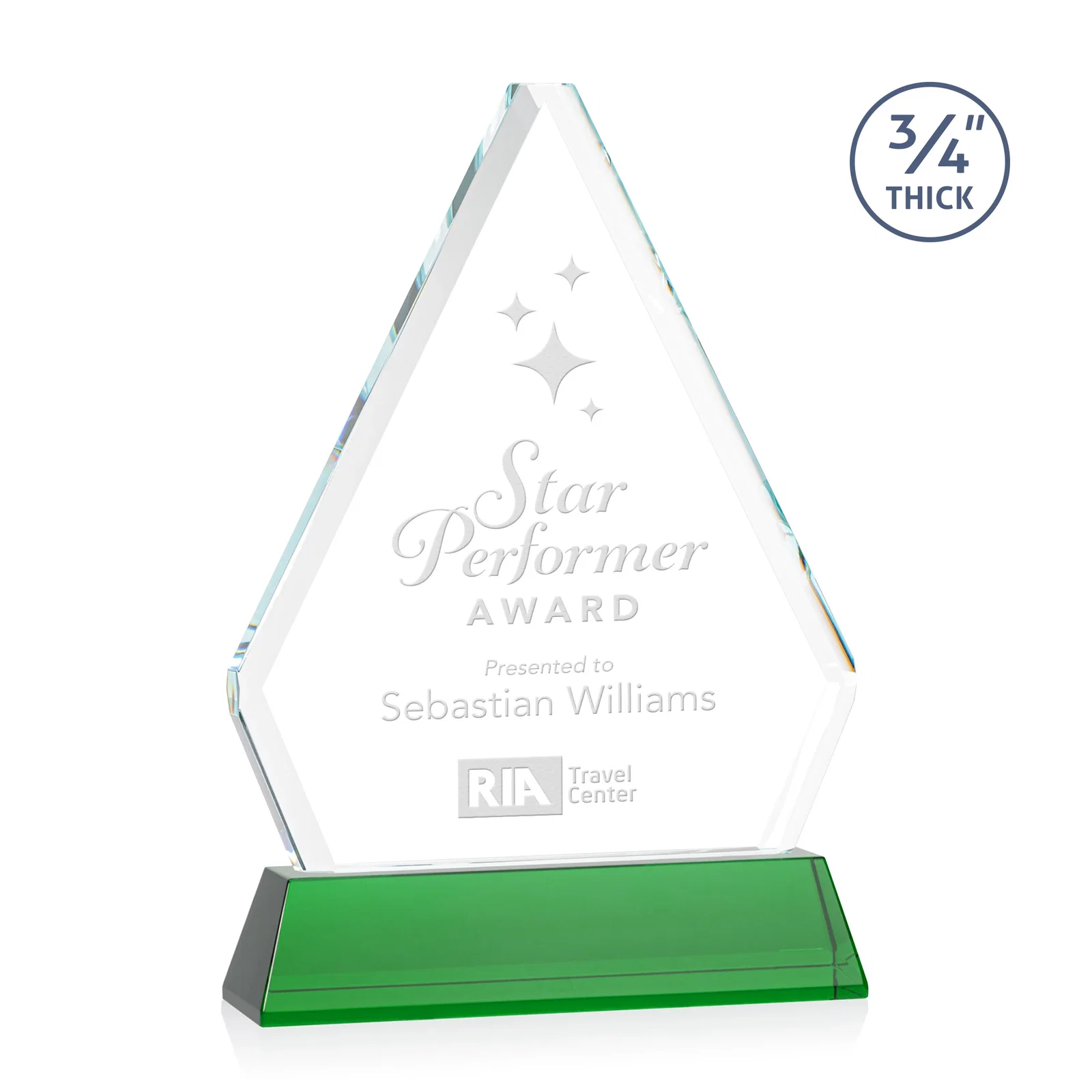 Custom Starfire Crystal Diamond Award with Base Inscription on Tall Base, awards for dealer and partner awards