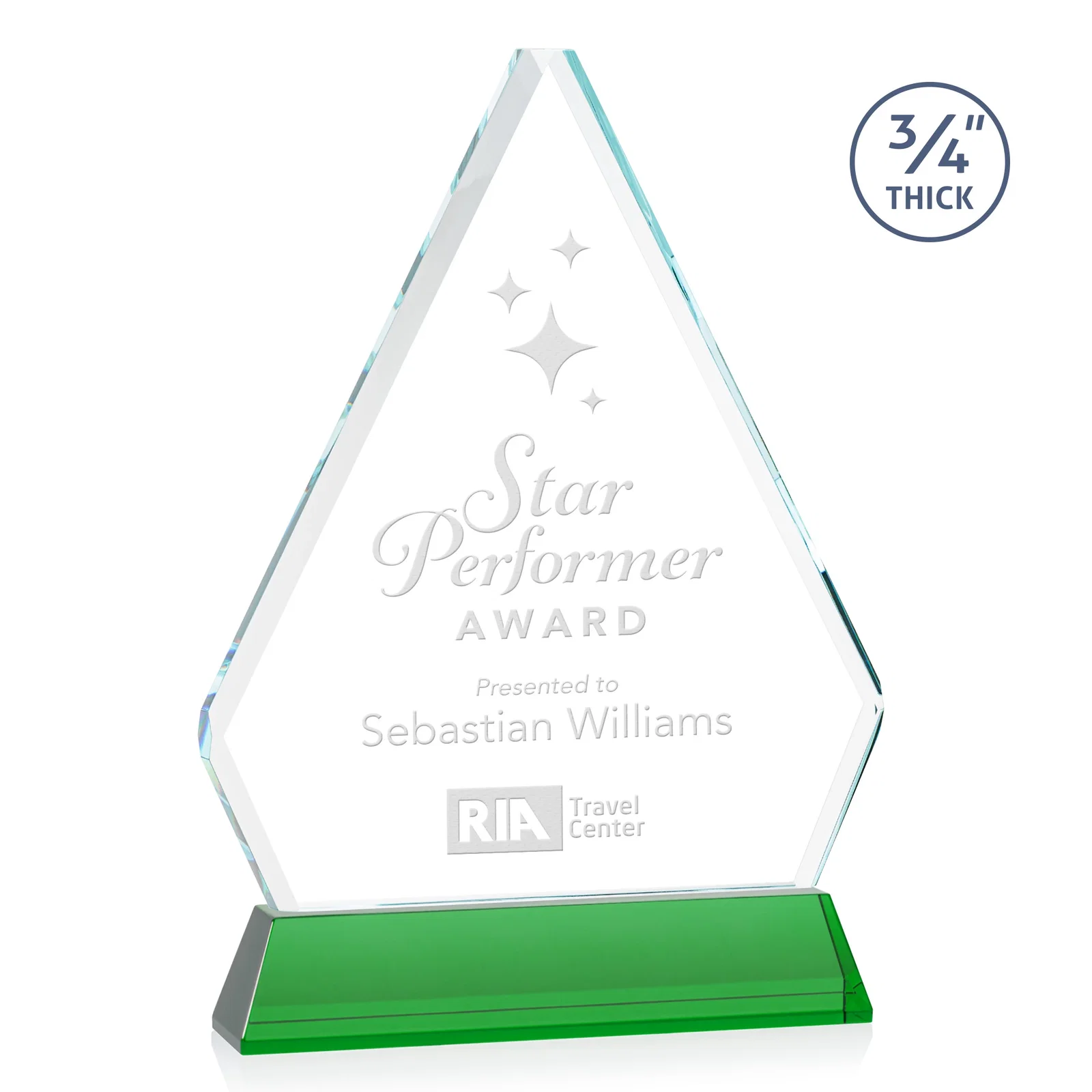 Custom Starfire Crystal Diamond Award with Base Inscription on Tall Base, awards for company anniversary events