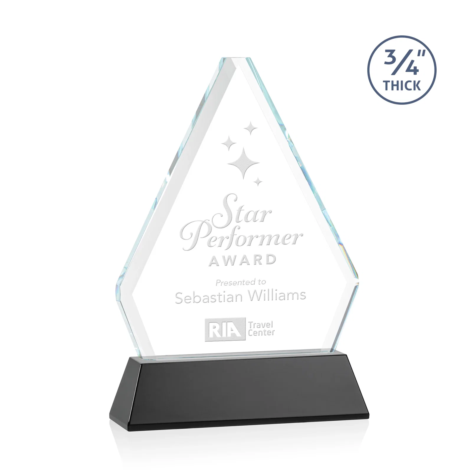 Personalized Starfire Crystal Diamond Award with Base Inscription on Tall Base, awards for corporate award ceremonies