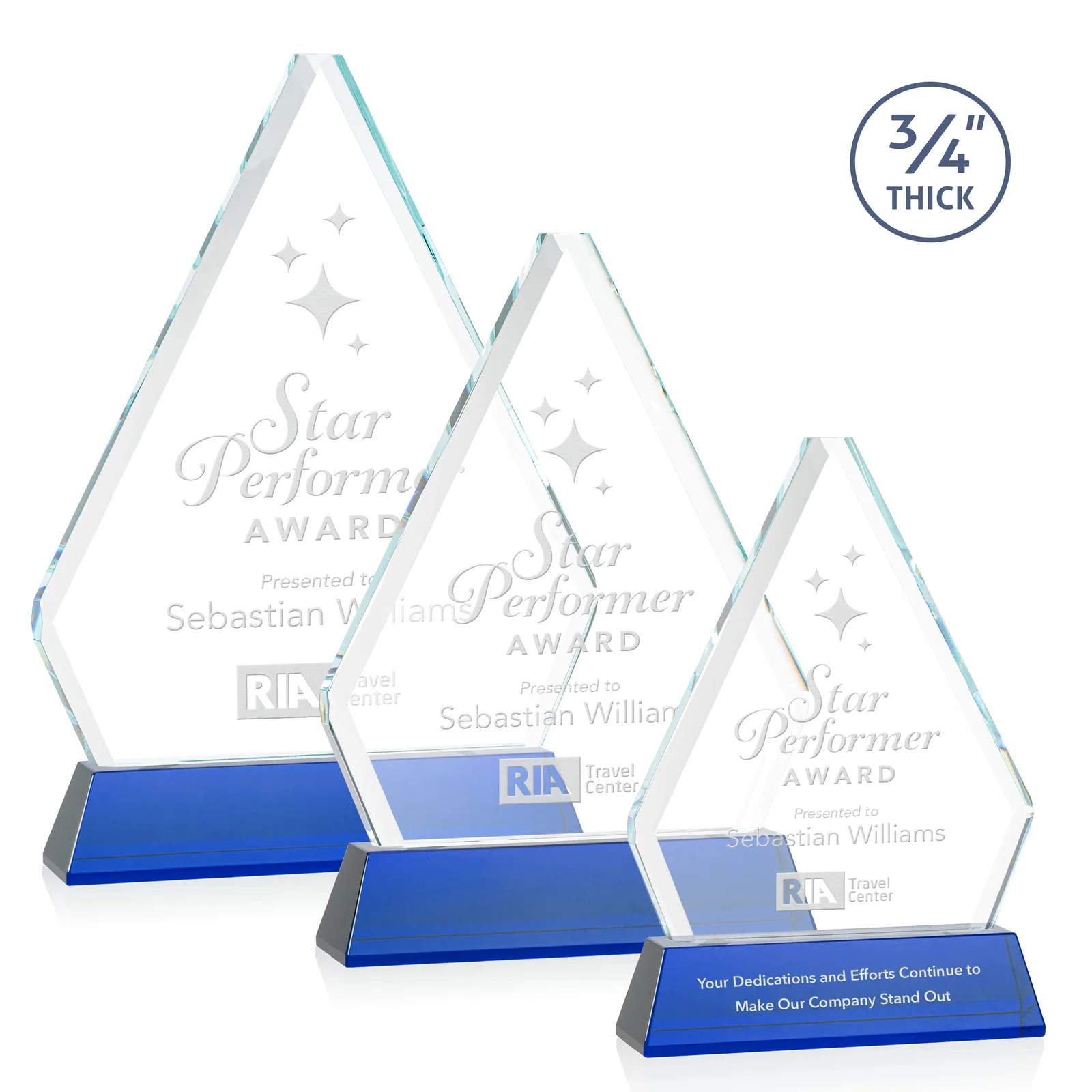 Personalized Starfire Crystal Diamond Award with Base Inscription on Tall Base, awards for retirement presentations