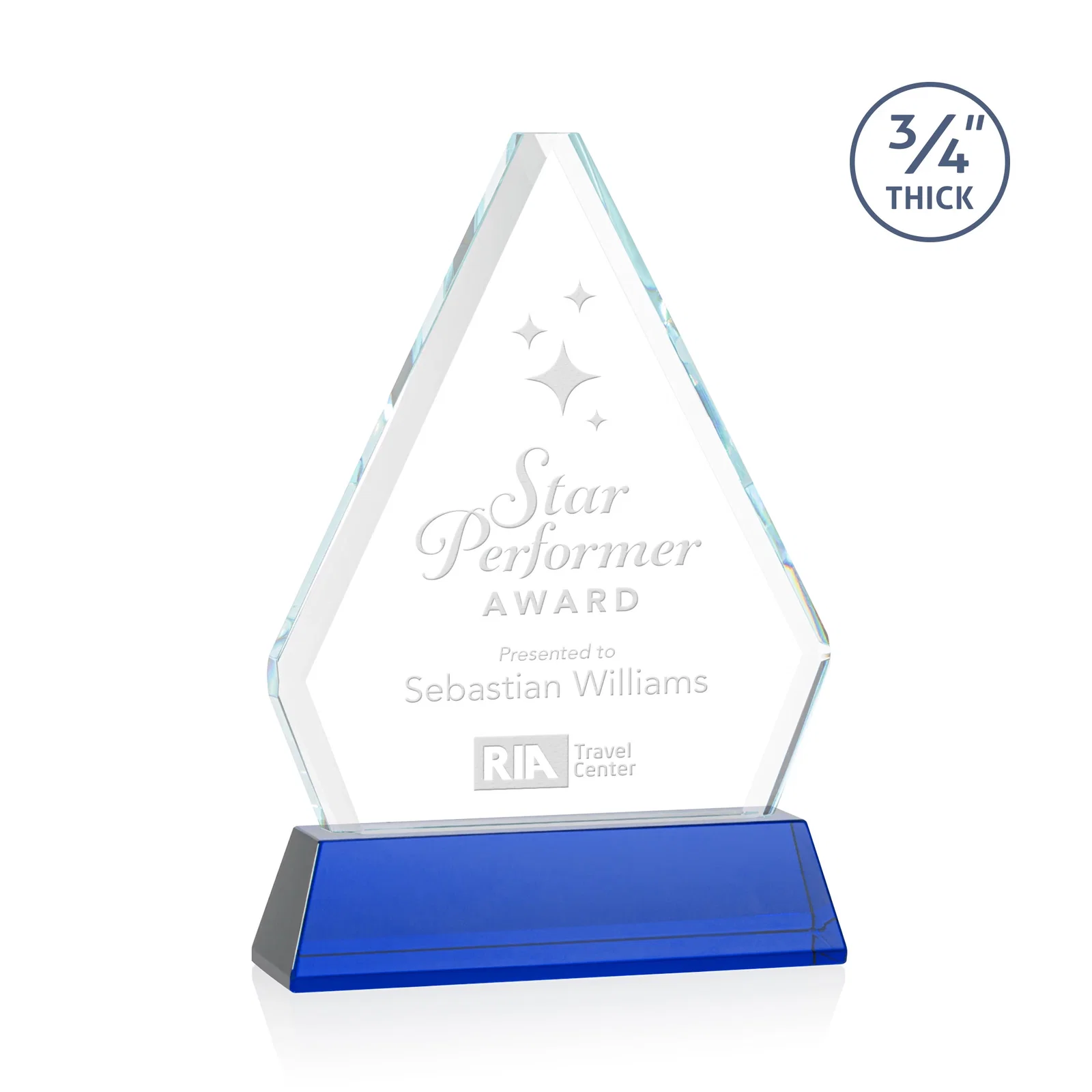 Personalized Starfire Crystal Diamond Award with Base Inscription on Tall Base, awards for team milestone celebrations