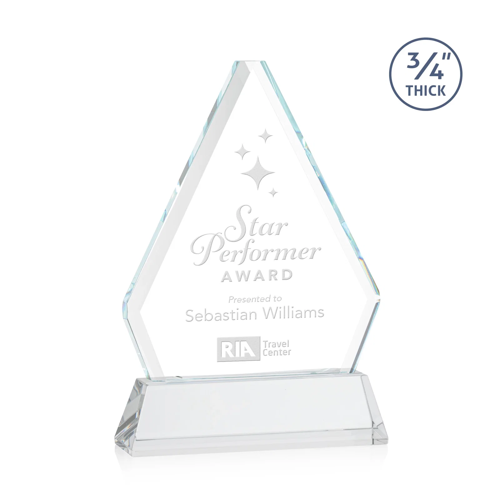 Custom Starfire Crystal Diamond Award with Base Inscription on Tall Base, awards for corporate award ceremonies