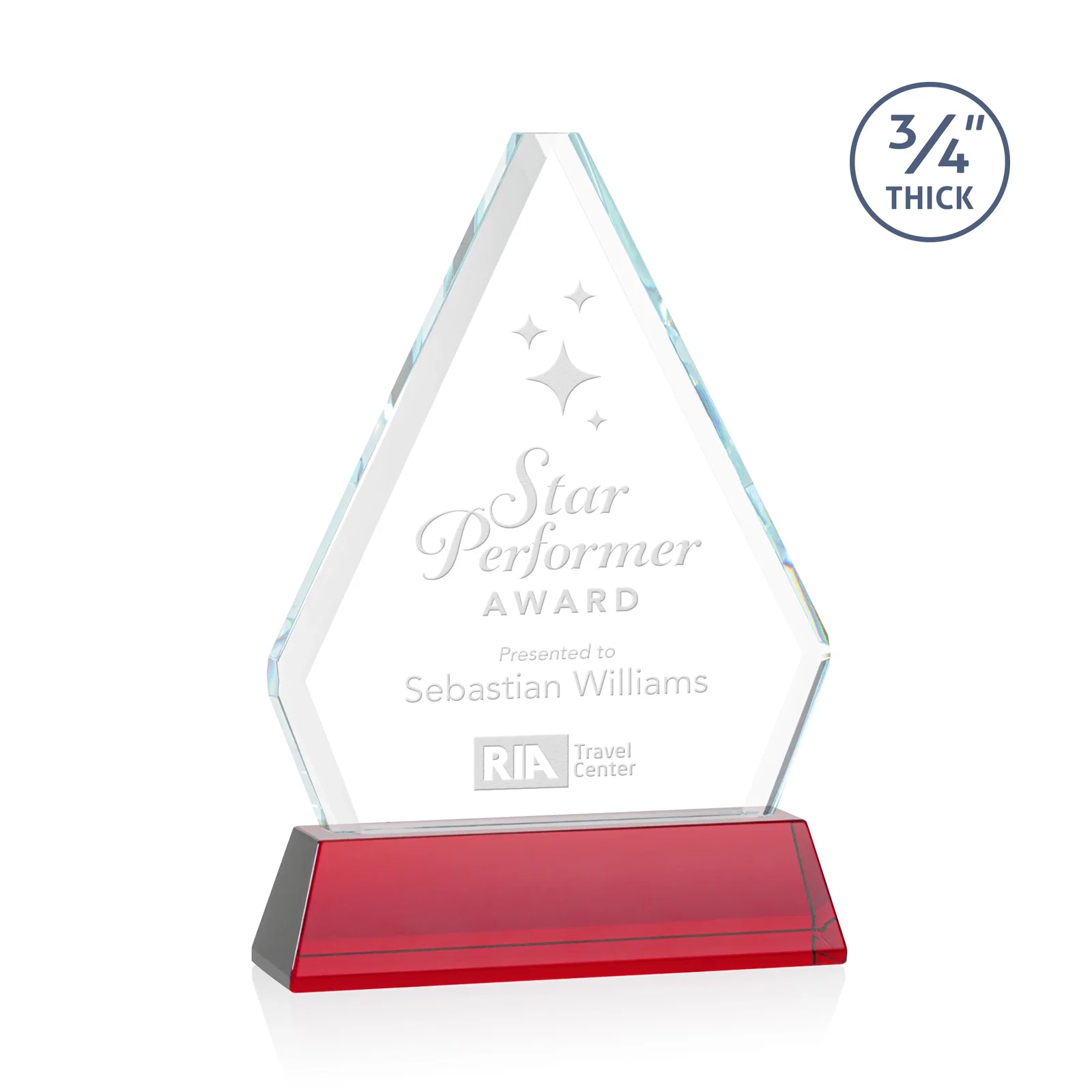 Personalized Starfire Crystal Diamond Award with Base Inscription on Tall Base, awards for volunteer appreciation