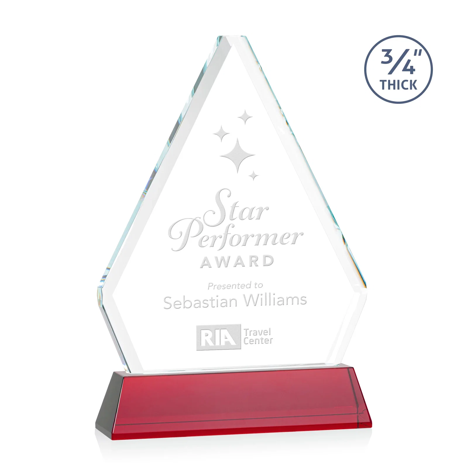 Personalized Starfire Crystal Diamond Award with Base Inscription on Tall Base, awards for dealer and partner awards