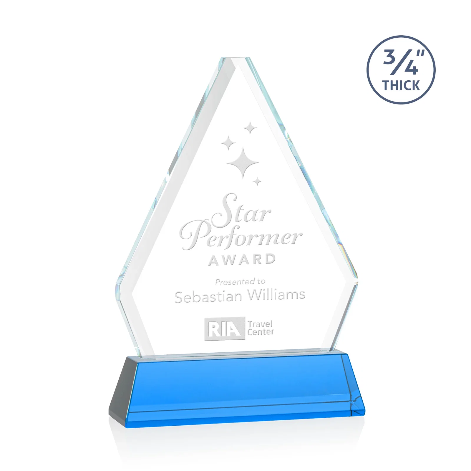 Promotional Starfire Crystal Diamond Award with Base Inscription on Tall Base, awards for corporate award ceremonies