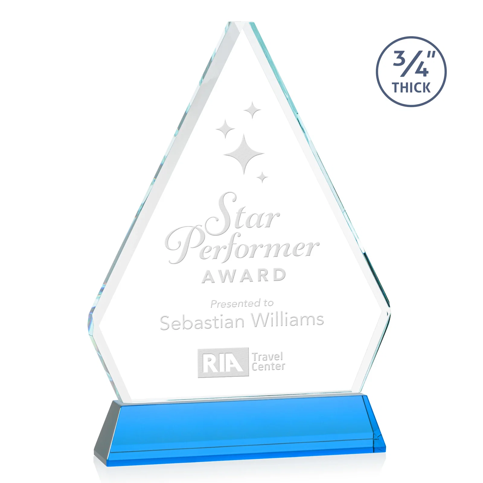 Promotional Starfire Crystal Diamond Award with Base Inscription on Tall Base, awards for sales achievement awards