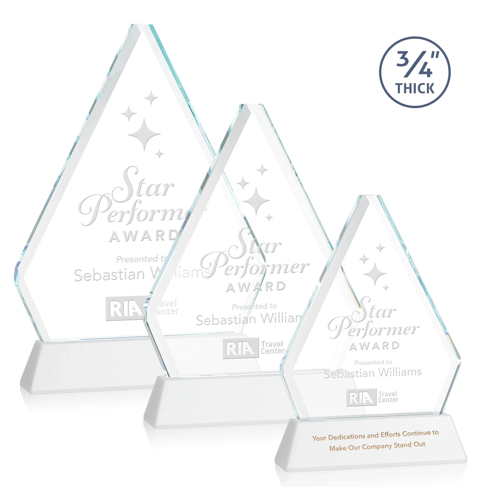 Promotional Starfire Crystal Diamond Award with Base Inscription on Tall Base, awards for retirement presentations