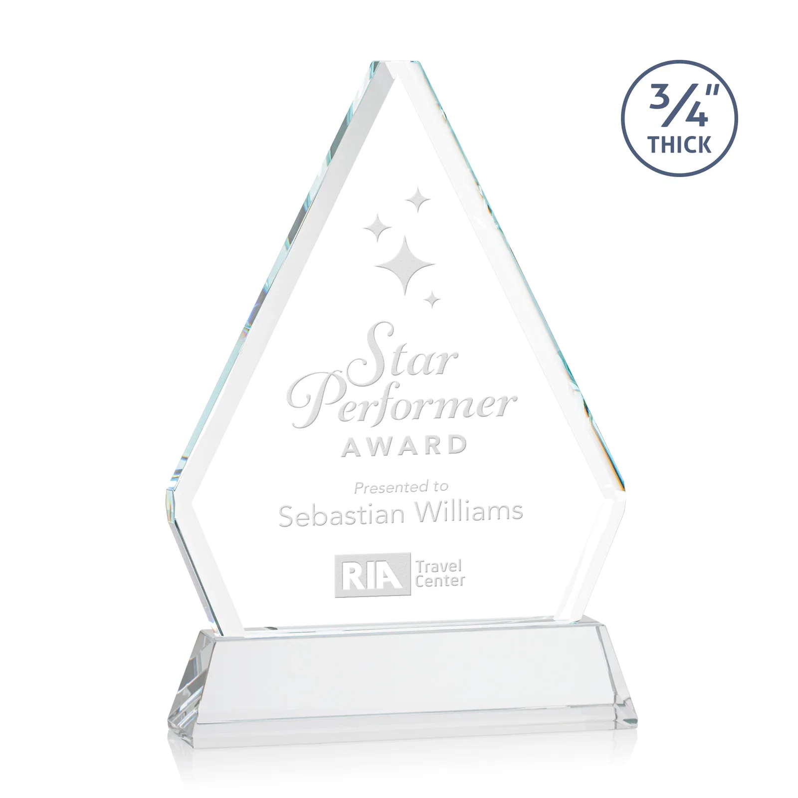 Custom Starfire Crystal Diamond Award with Base Inscription on Tall Base, awards for service anniversary gifts