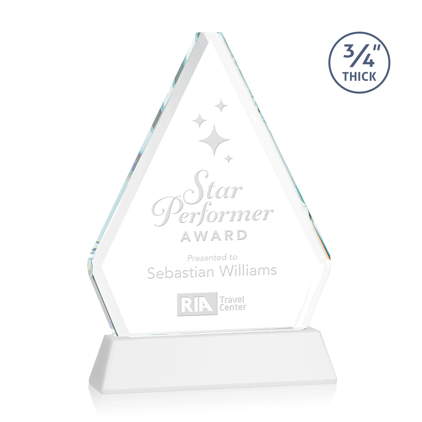 Promotional Starfire Crystal Diamond Award with Base Inscription on Tall Base, awards for donor appreciation