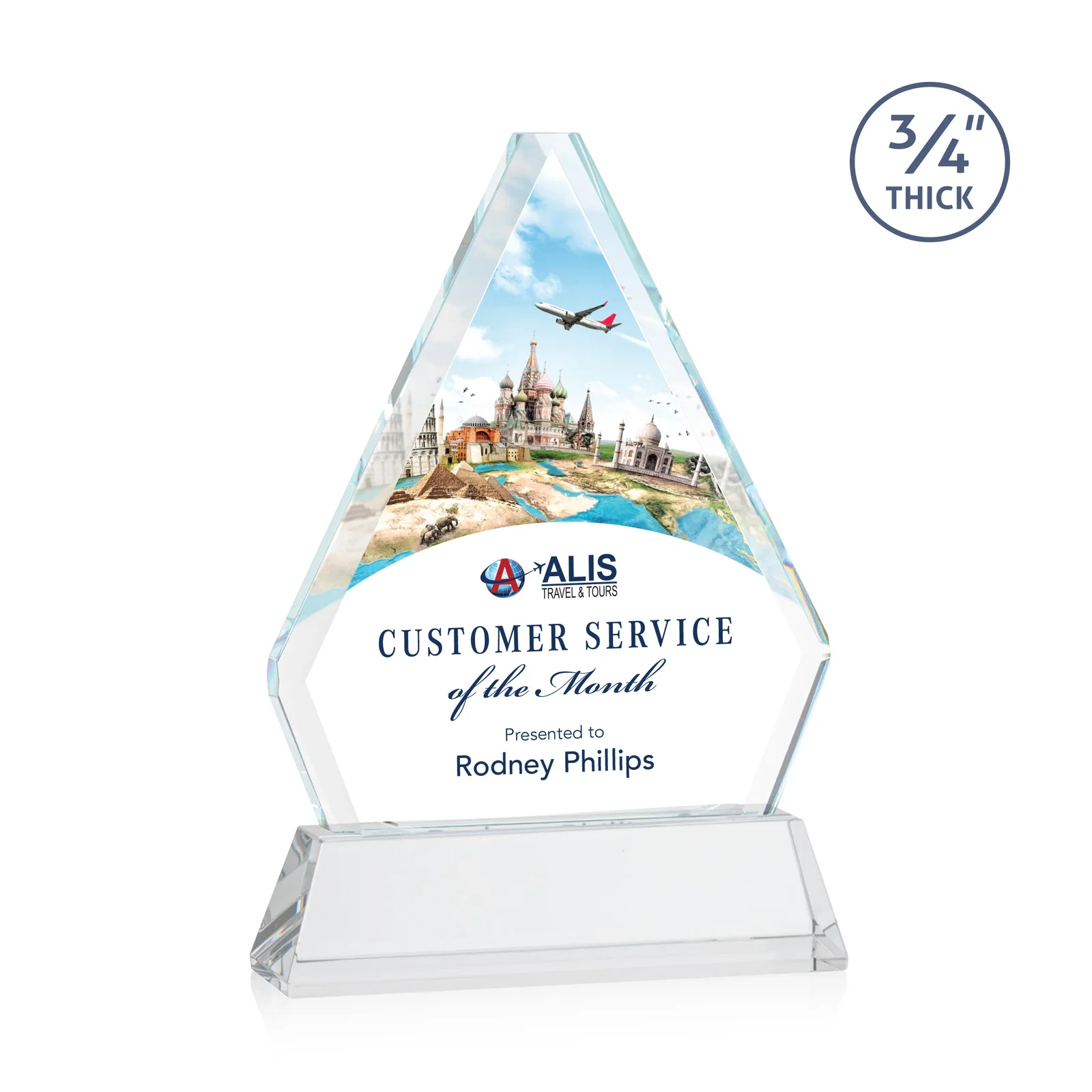 Promotional Starfire Crystal Diamond Award with Base Inscription on Tall Base, awards for volunteer appreciation
