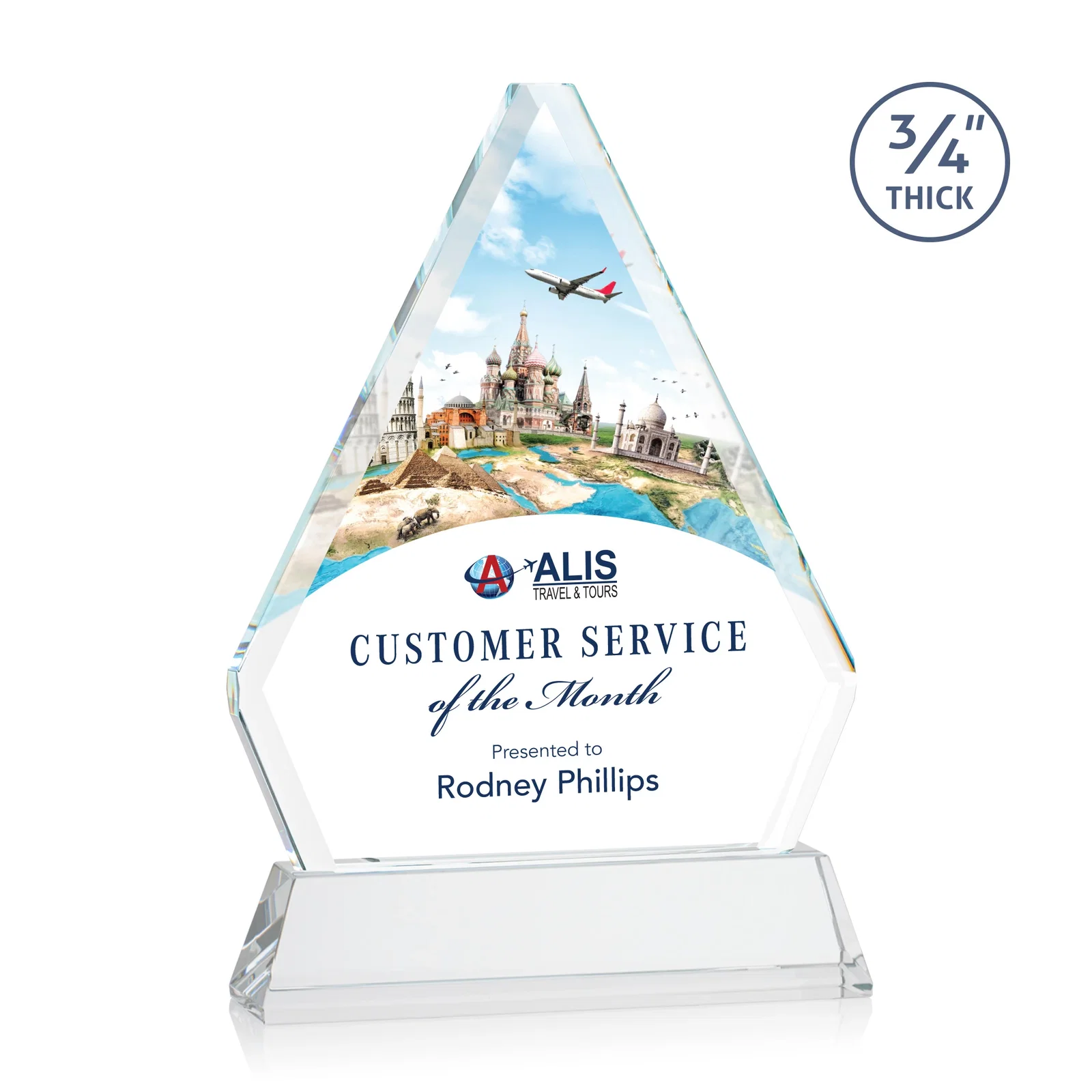 Promotional Starfire Crystal Diamond Award with Base Inscription on Tall Base, awards for dealer and partner awards