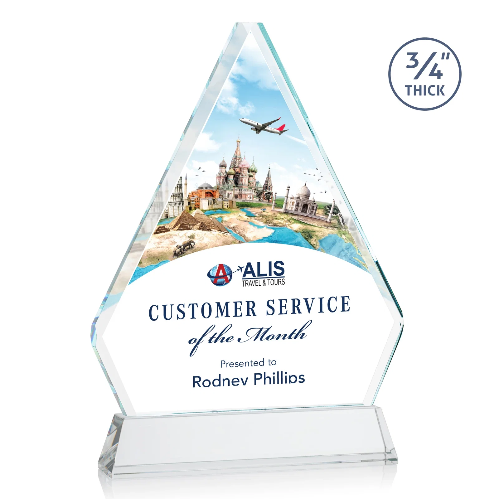 Promotional Starfire Crystal Diamond Award with Base Inscription on Tall Base, awards for company anniversary events