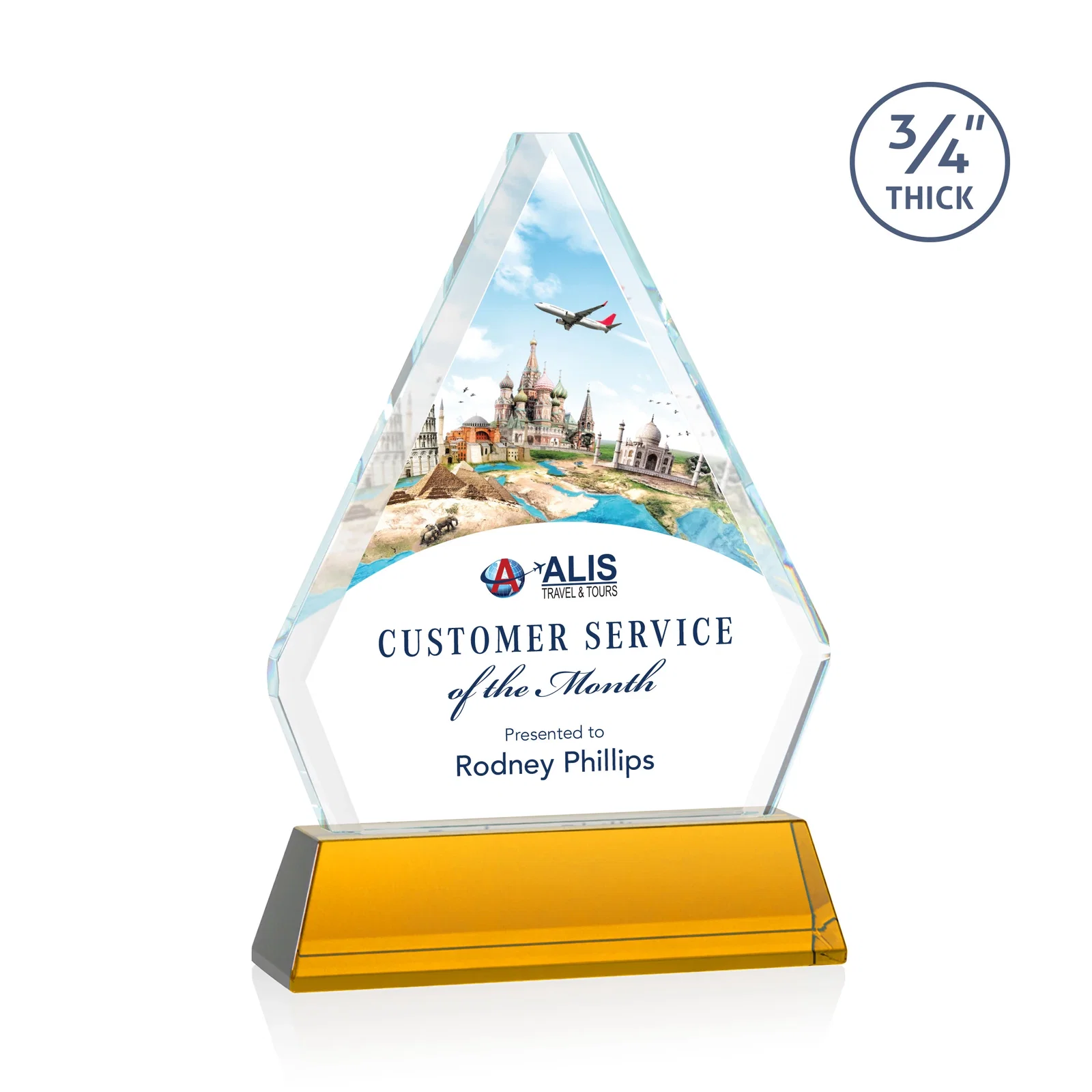 Branded Starfire Crystal Diamond Award with Base Inscription on Tall Base, awards for corporate award ceremonies