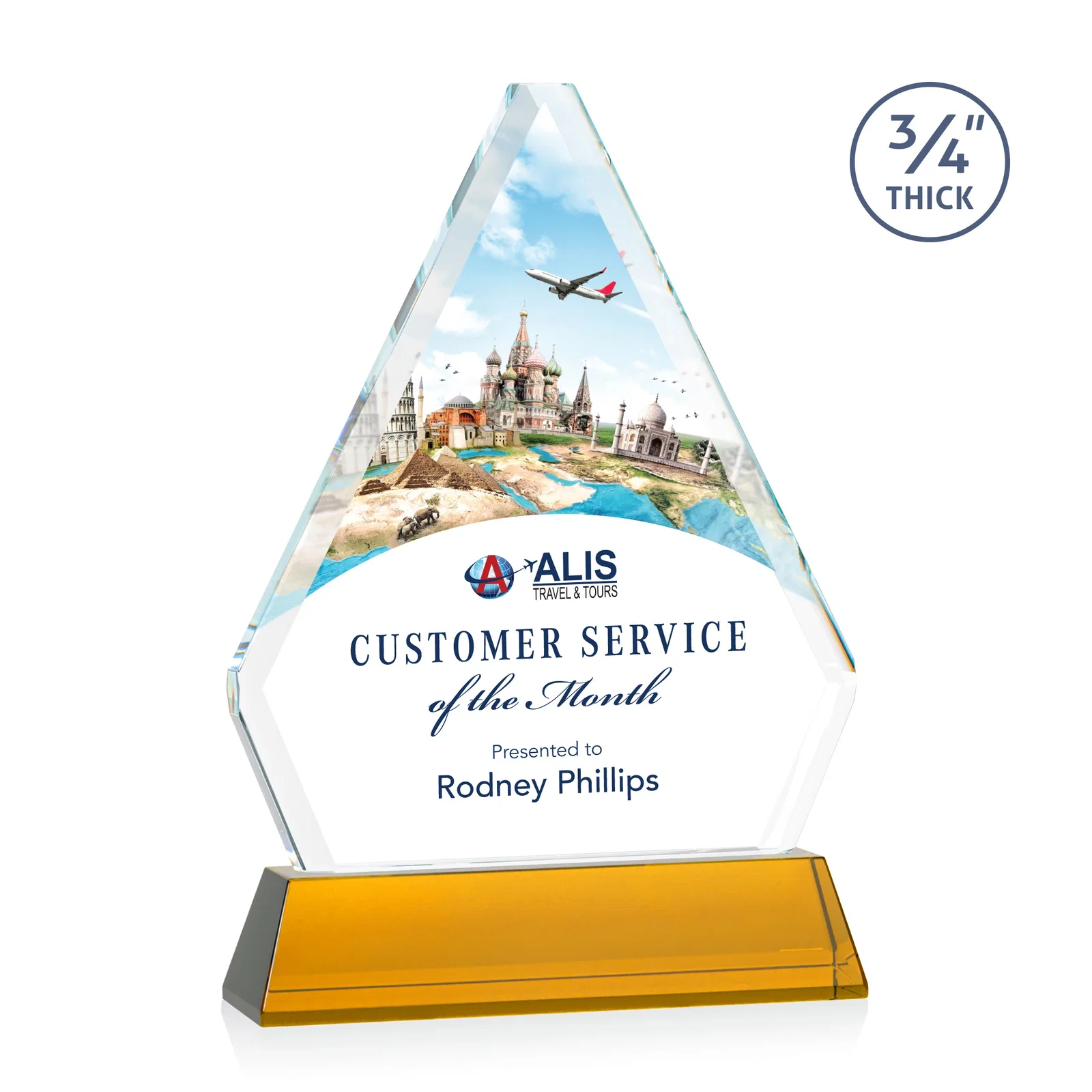 Branded Starfire Crystal Diamond Award with Base Inscription on Tall Base, awards for service anniversary gifts