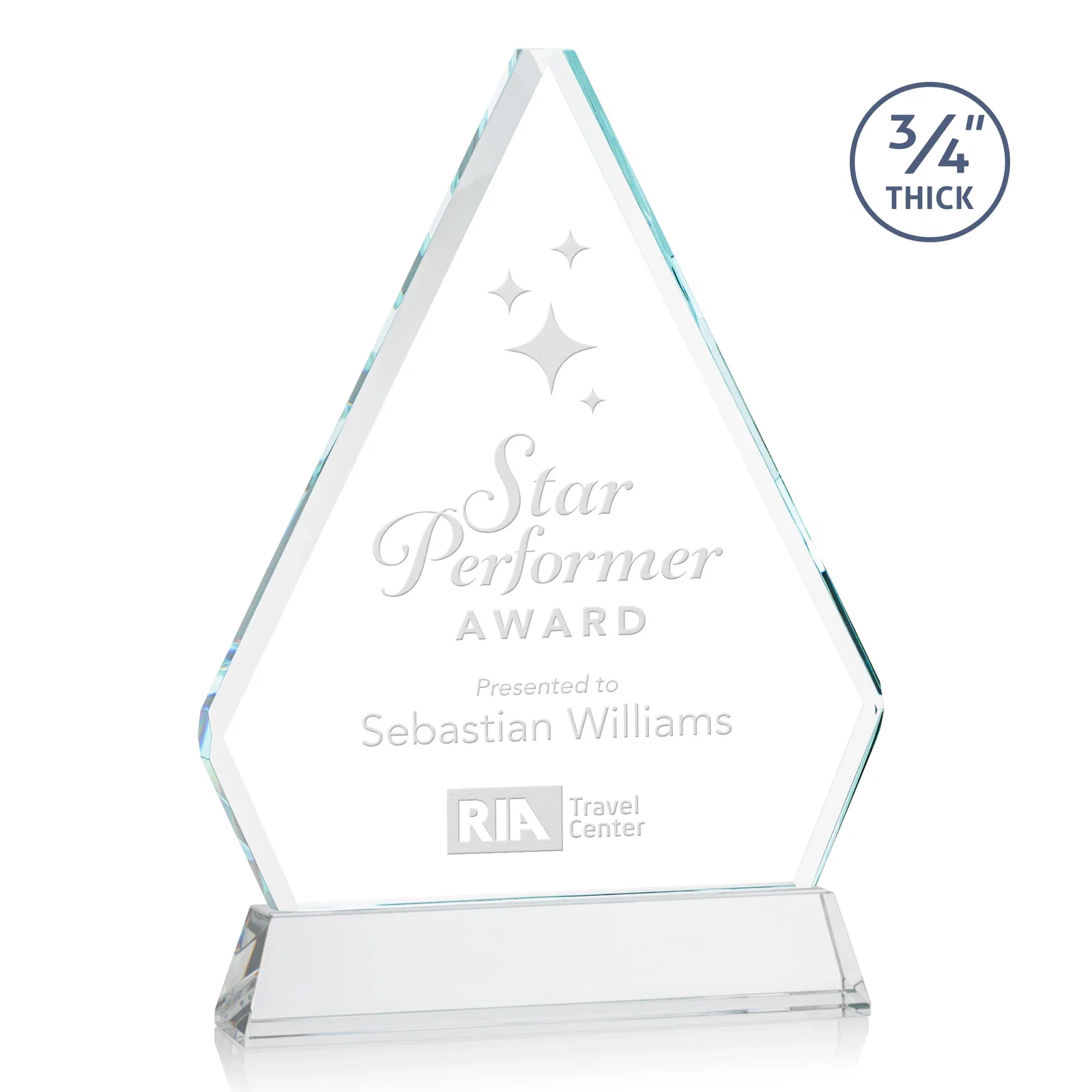 Custom Starfire Crystal Diamond Award with Base Inscription on Tall Base, awards for sales achievement awards