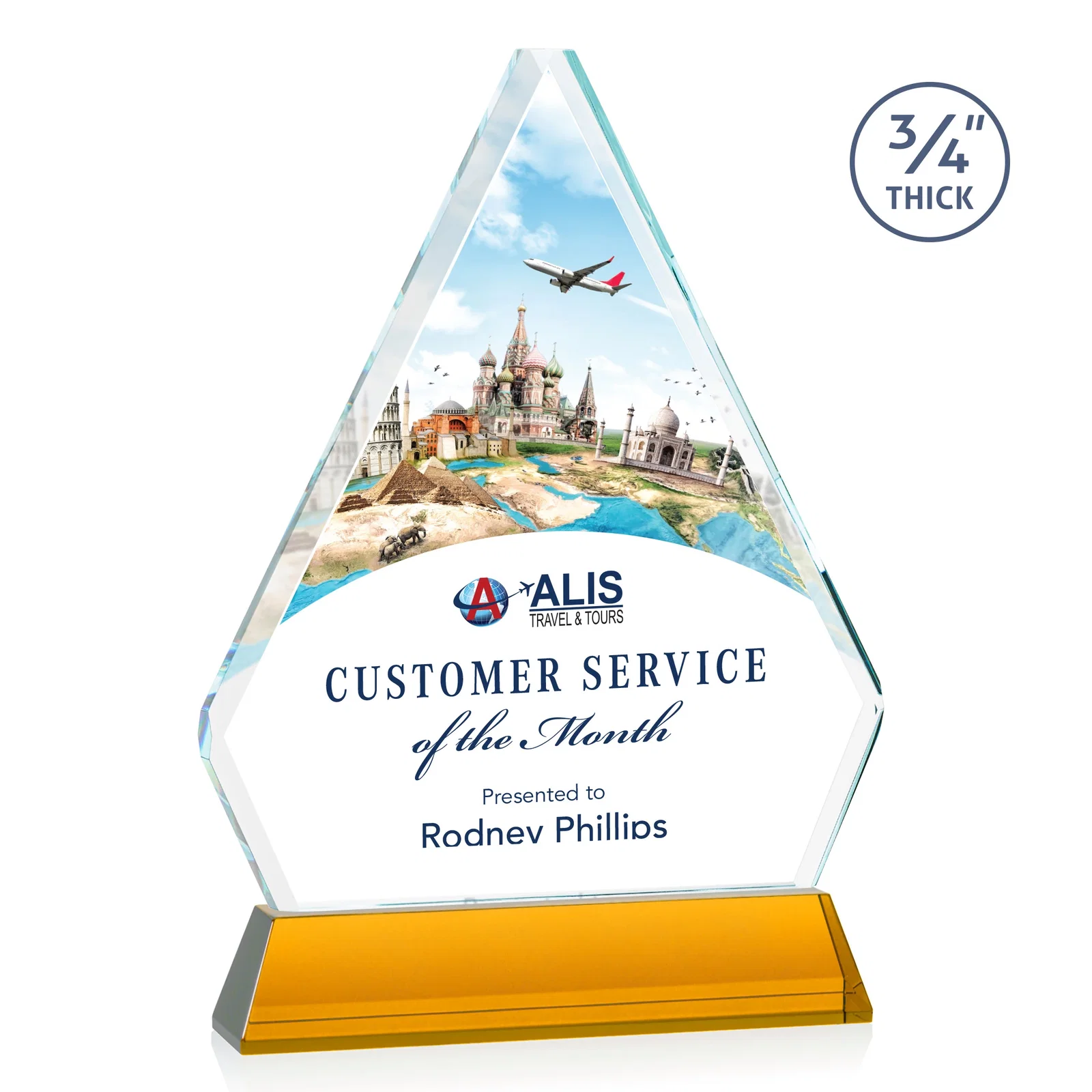 Branded Starfire Crystal Diamond Award with Base Inscription on Tall Base, awards for sales achievement awards