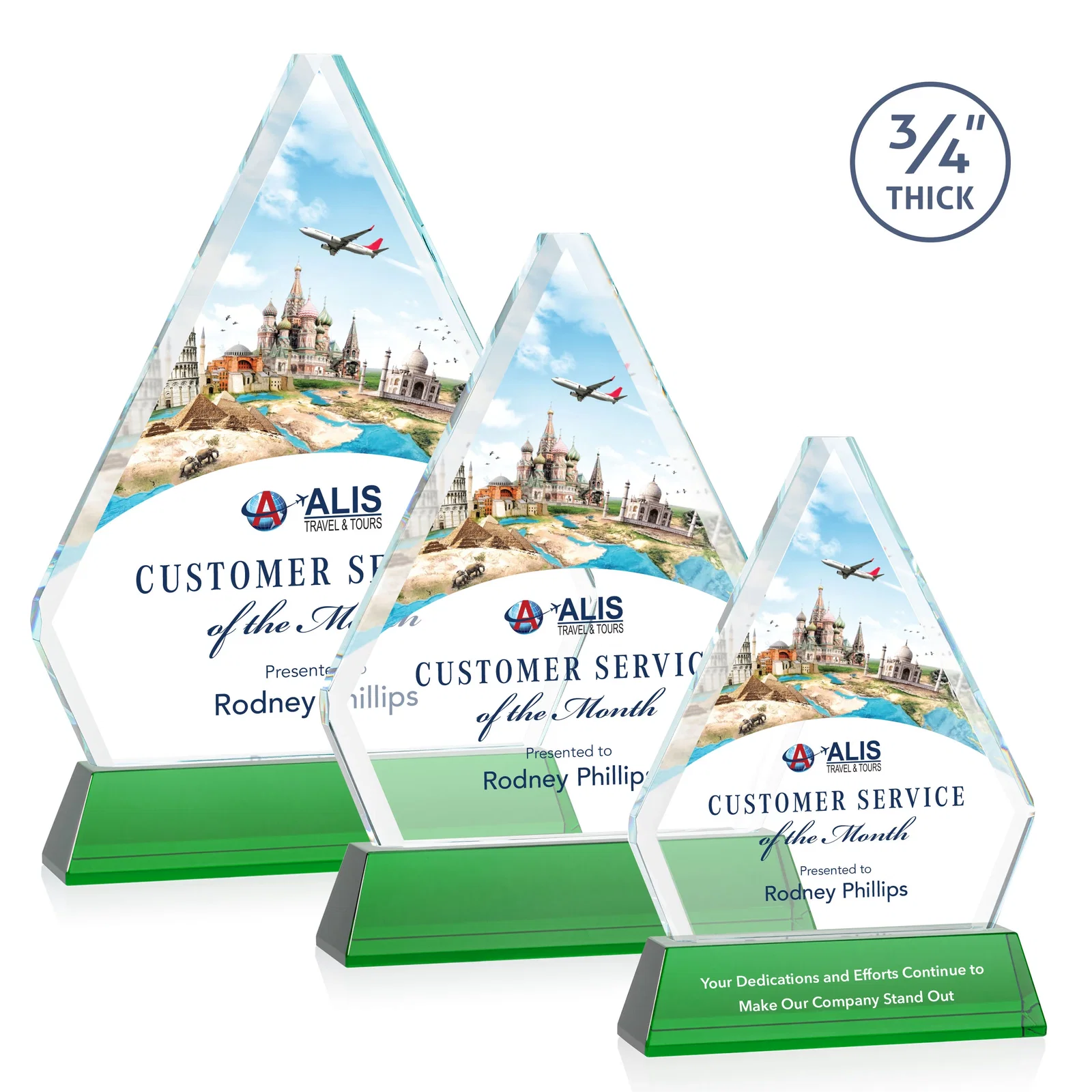 Branded Starfire Crystal Diamond Award with Base Inscription on Tall Base, awards for retirement presentations