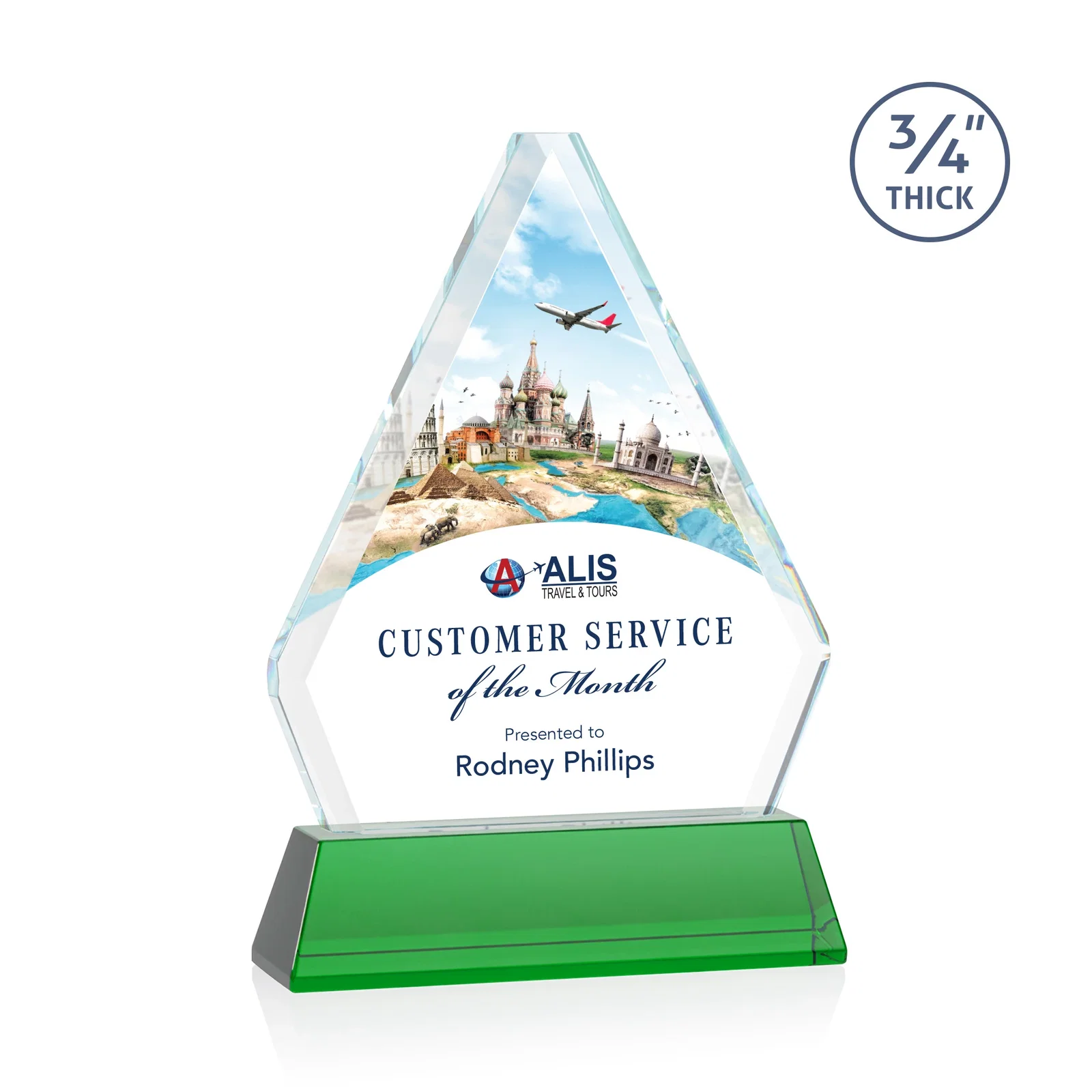 Branded Starfire Crystal Diamond Award with Base Inscription on Tall Base, awards for team milestone celebrations