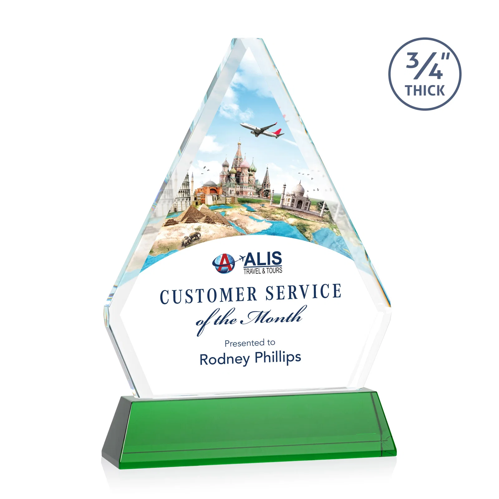 Branded Starfire Crystal Diamond Award with Base Inscription on Tall Base, awards for donor appreciation