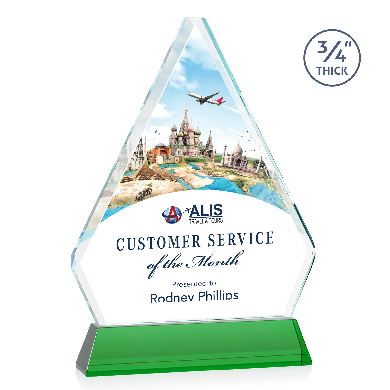 Branded Starfire Crystal Diamond Award with Base Inscription on Tall Base, awards for graduation ceremonies