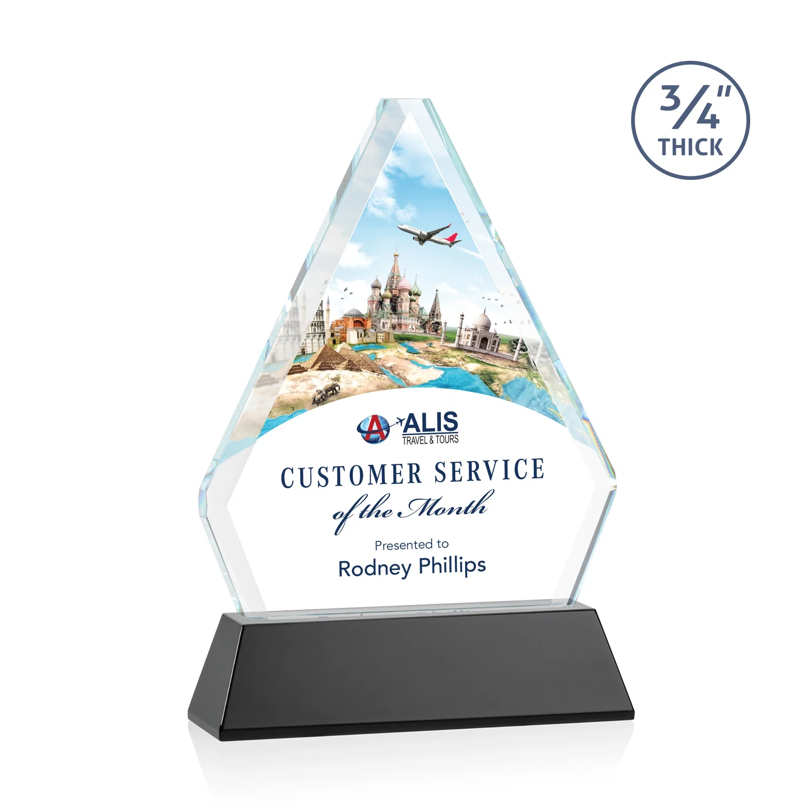 Branded Starfire Crystal Diamond Award with Base Inscription on Tall Base, awards for volunteer appreciation