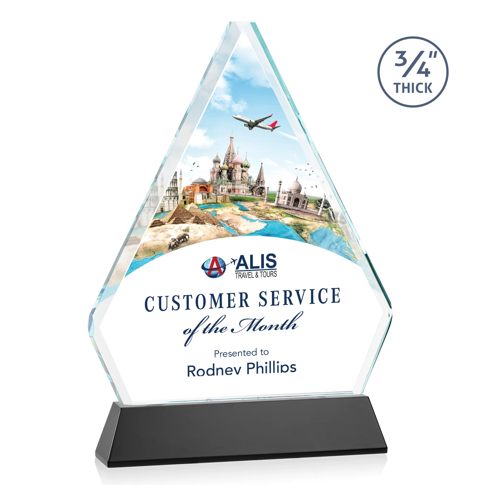 Branded Starfire Crystal Diamond Award with Base Inscription on Tall Base, awards for company anniversary events