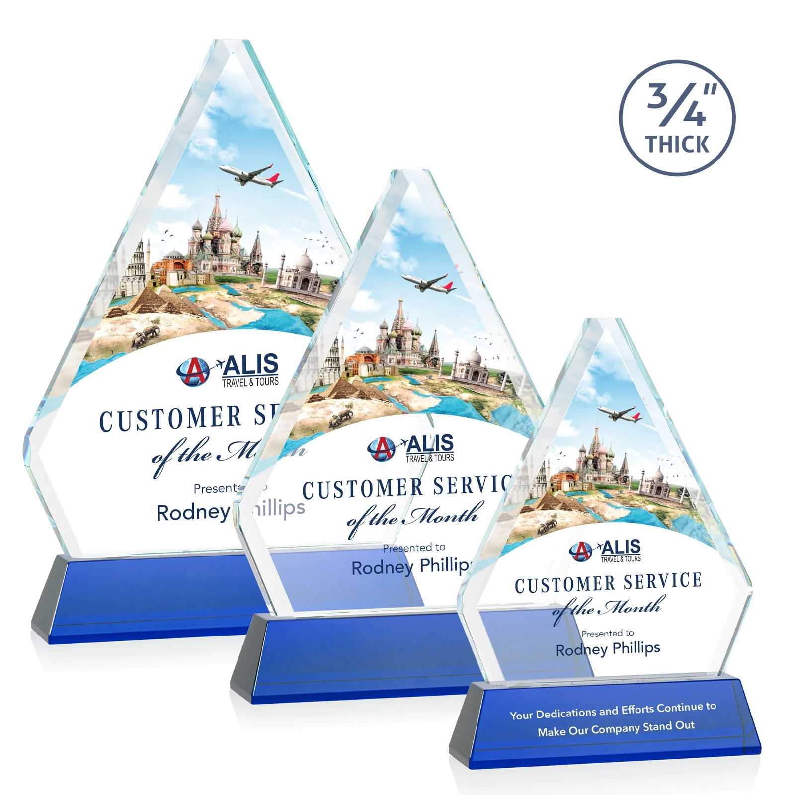Custom printed Starfire Crystal Diamond Award with Base Inscription on Tall Base, awards for employee recognition
