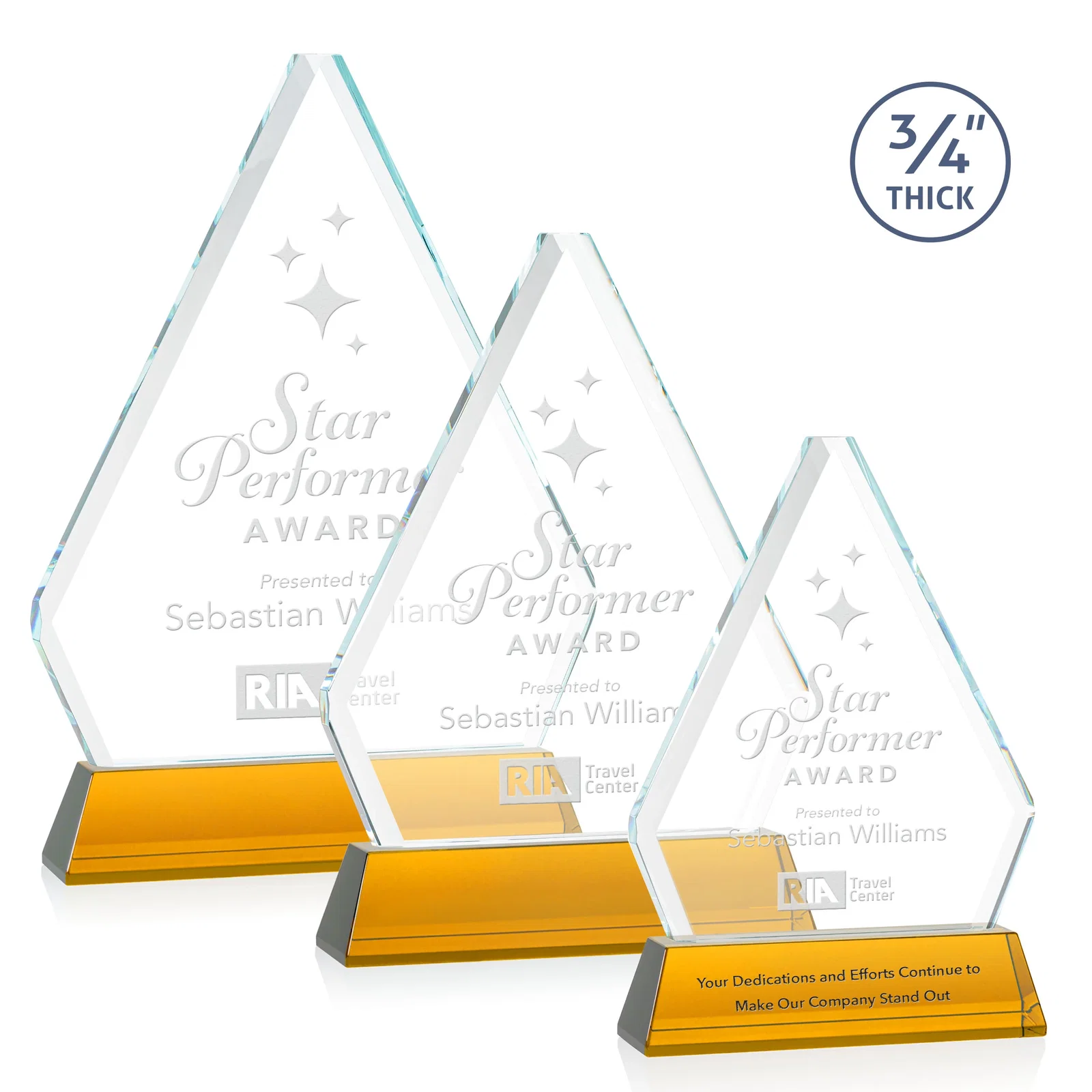 Custom Starfire Crystal Diamond Award with Base Inscription on Tall Base, awards for retirement presentations