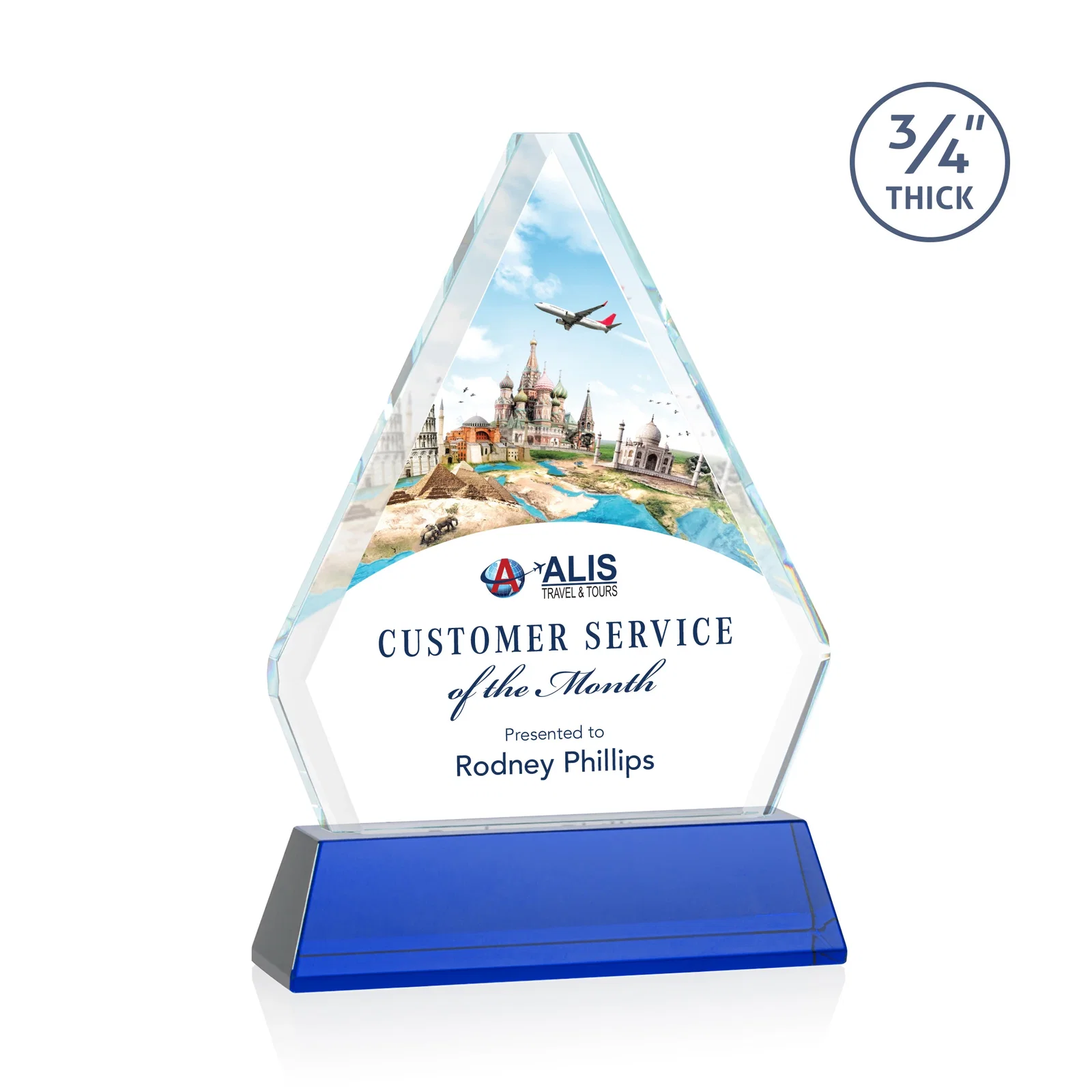Custom printed Starfire Crystal Diamond Award with Base Inscription on Tall Base, awards for corporate award ceremonies