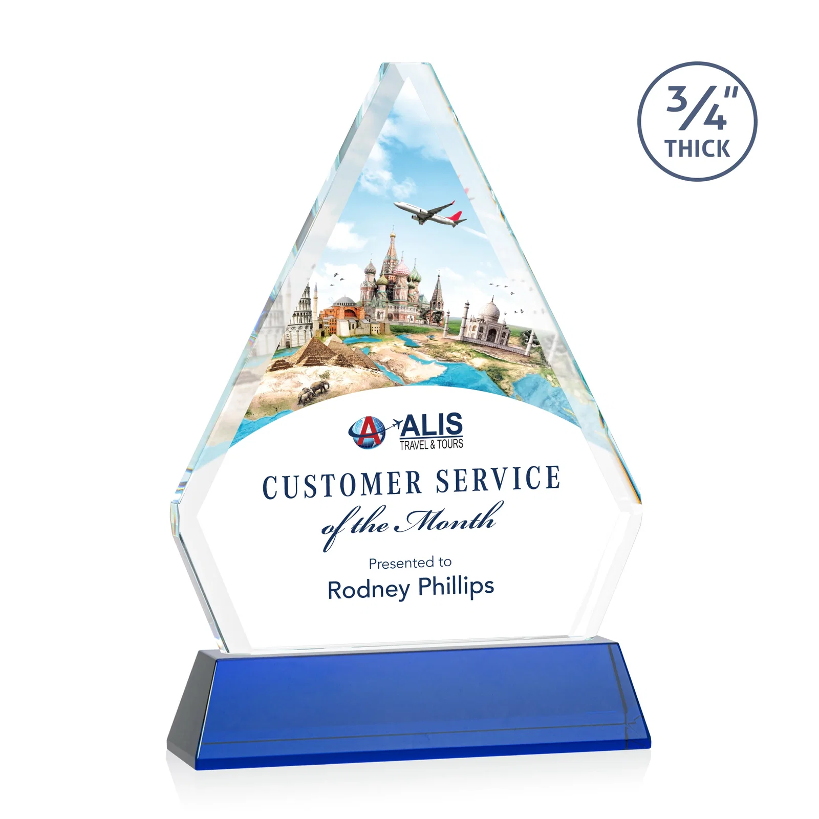 Custom printed Starfire Crystal Diamond Award with Base Inscription on Tall Base, awards for service anniversary gifts