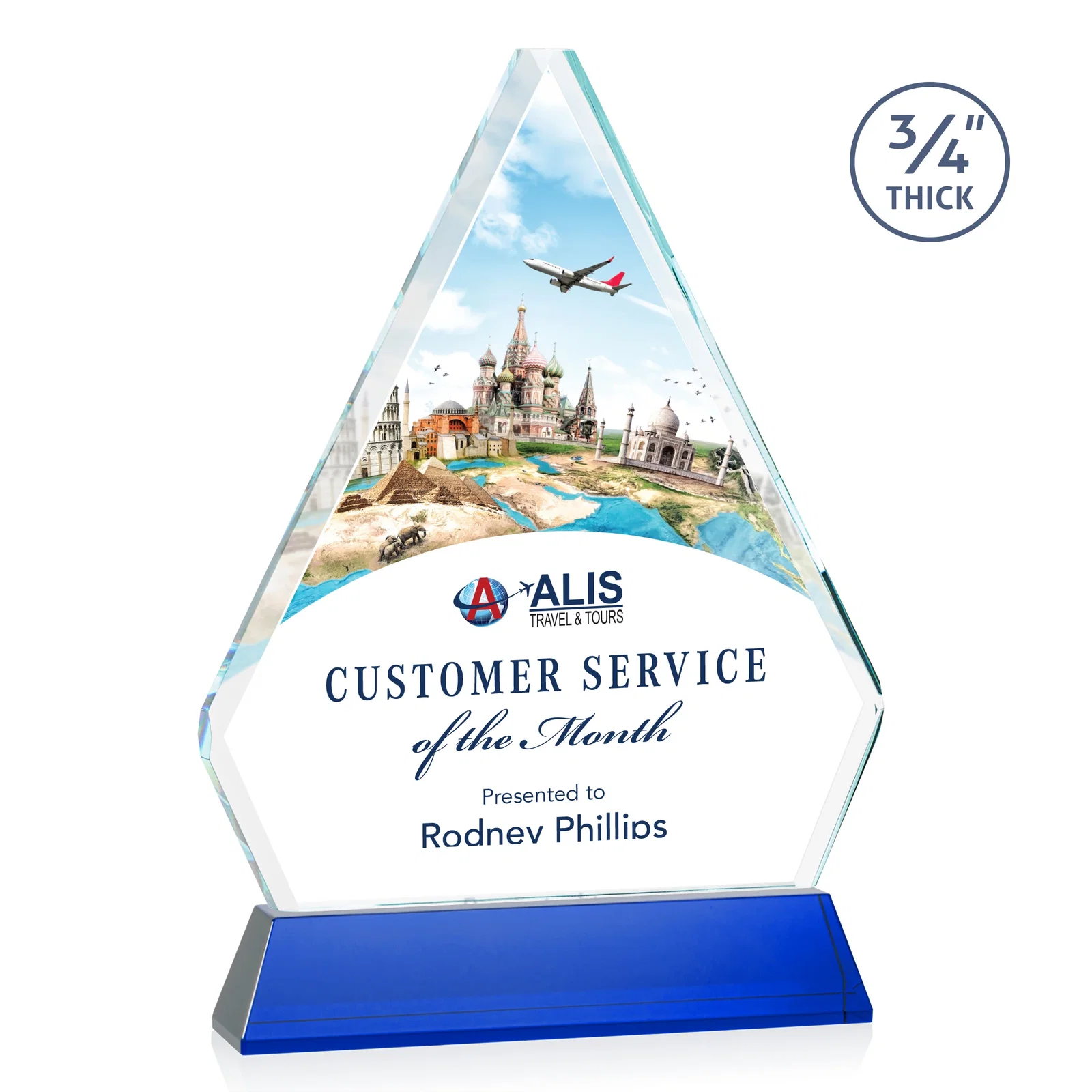 Custom printed Starfire Crystal Diamond Award with Base Inscription on Tall Base, awards for sales achievement awards