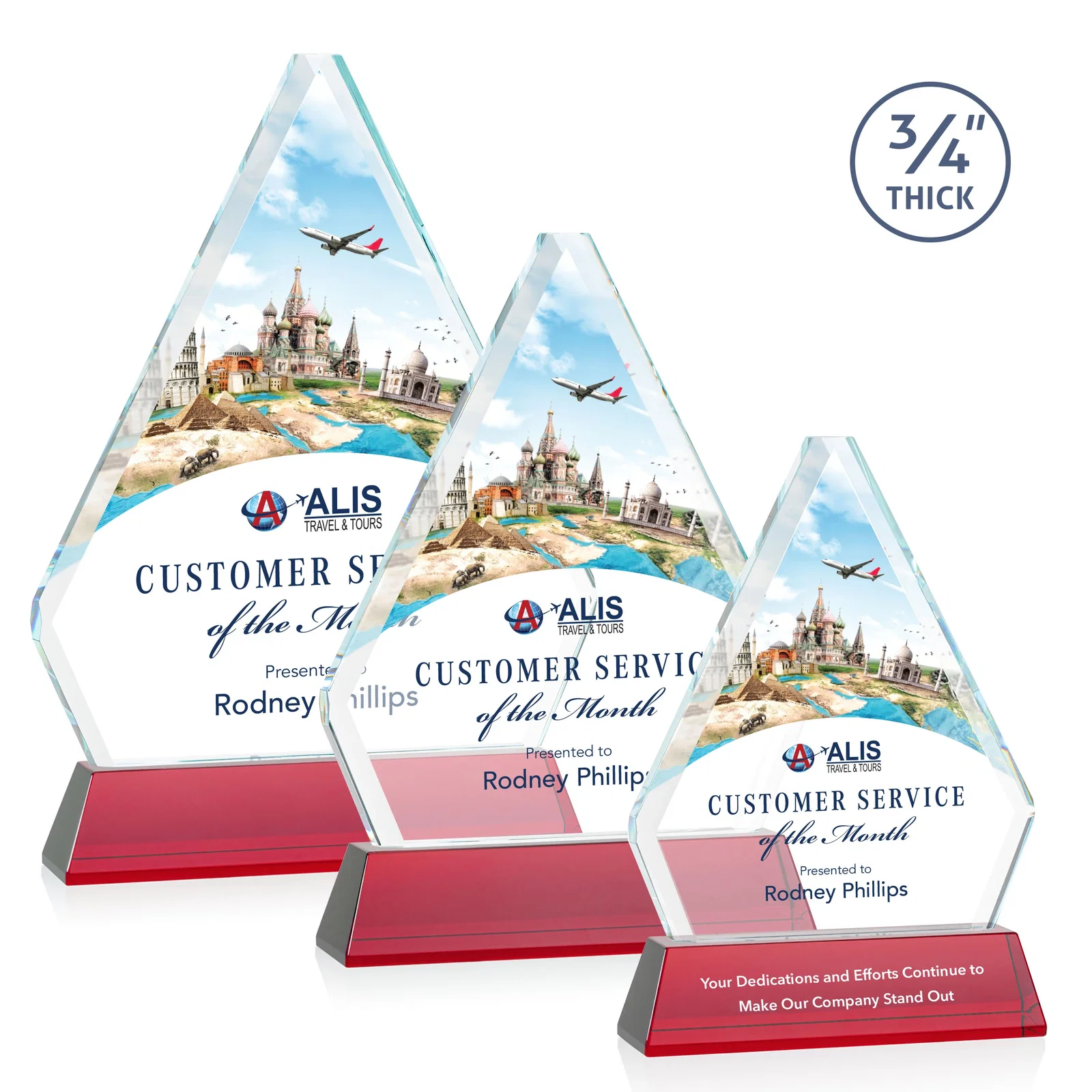 Custom printed Starfire Crystal Diamond Award with Base Inscription on Tall Base, awards for retirement presentations