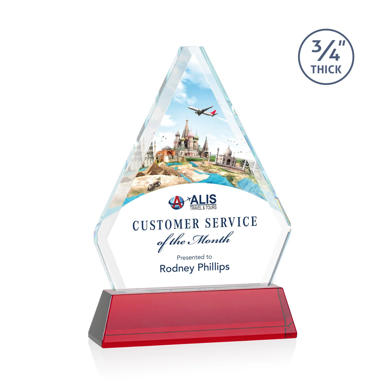 Custom printed Starfire Crystal Diamond Award with Base Inscription on Tall Base, awards for team milestone celebrations
