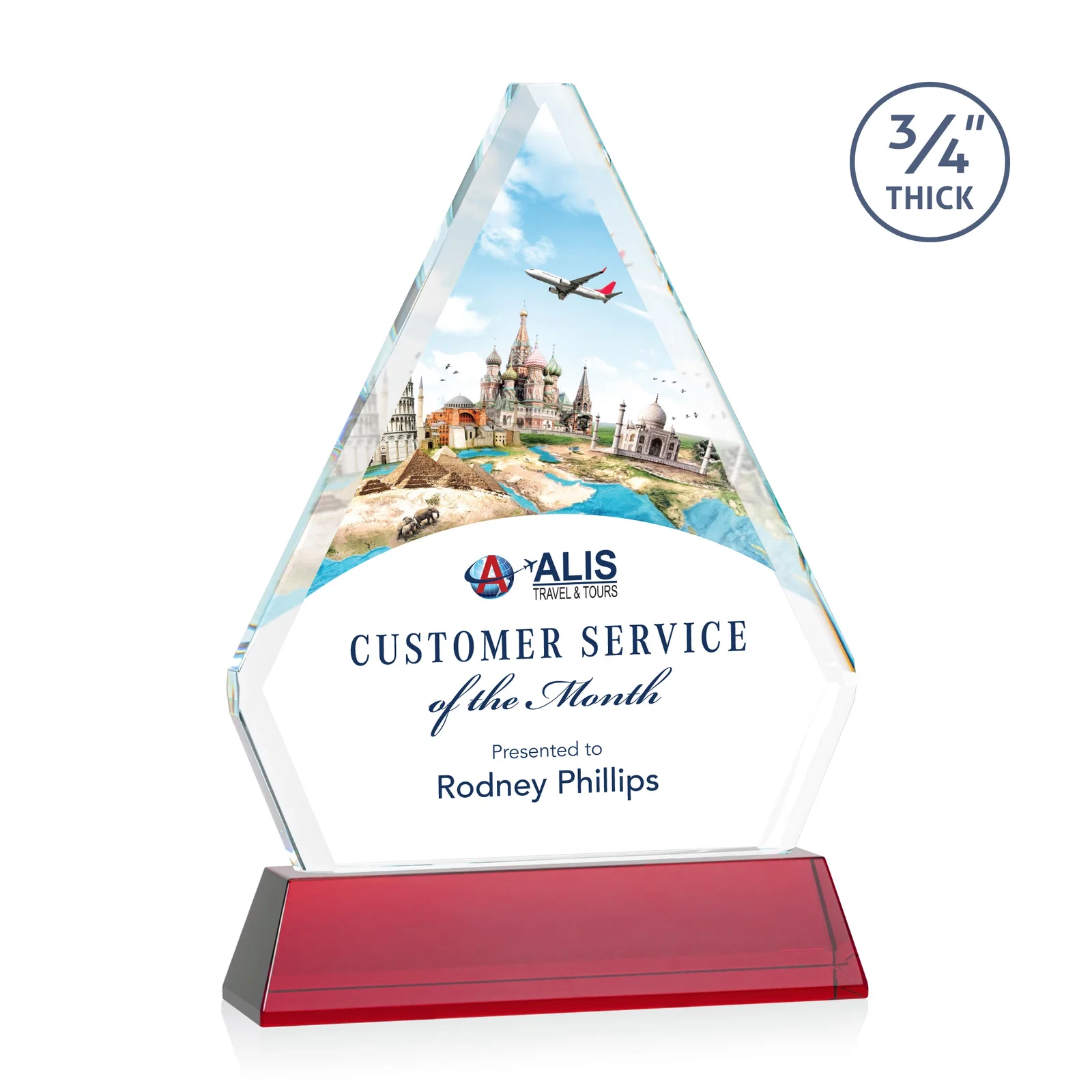 Custom printed Starfire Crystal Diamond Award with Base Inscription on Tall Base, awards for donor appreciation