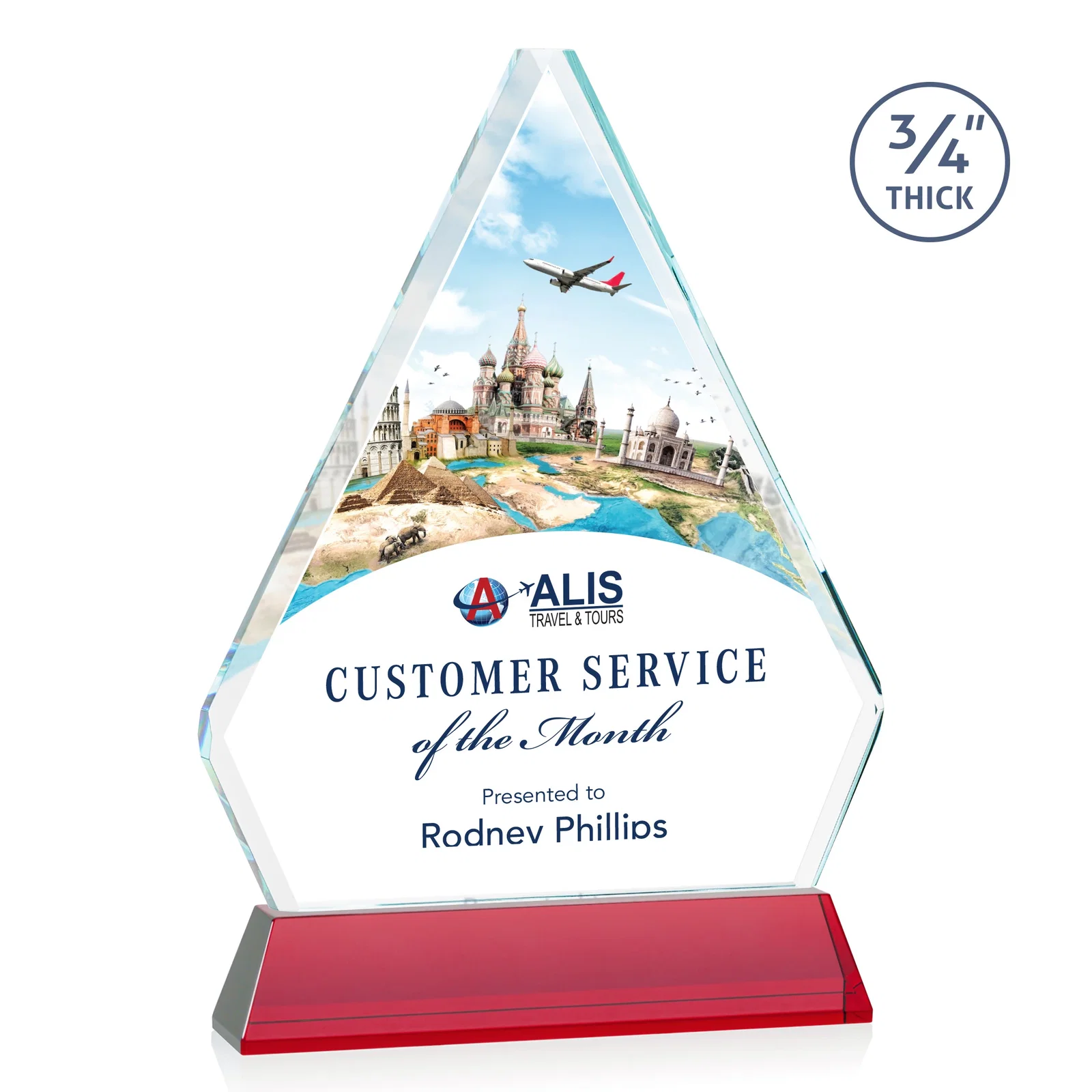 Custom printed Starfire Crystal Diamond Award with Base Inscription on Tall Base, awards for graduation ceremonies