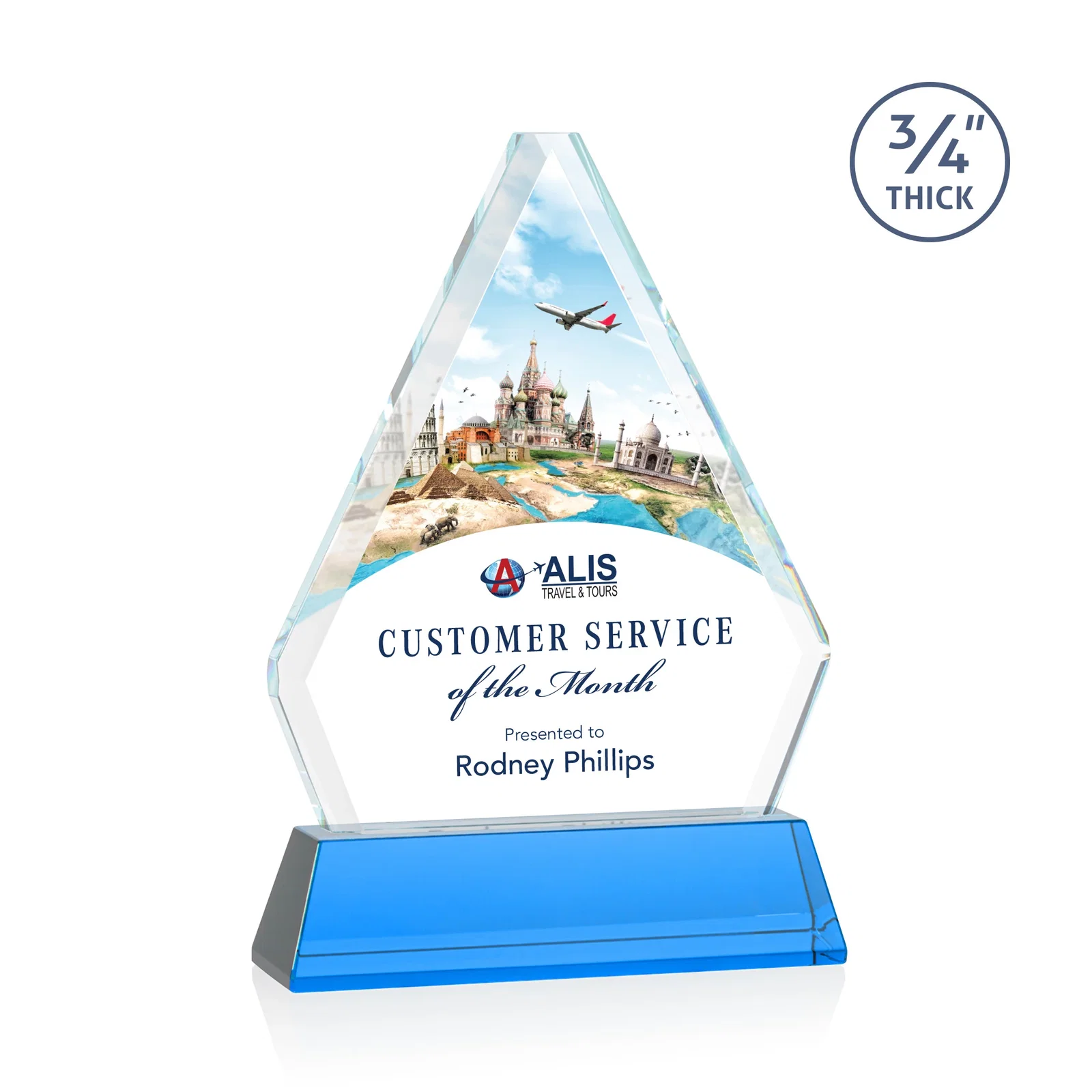 Custom printed Starfire Crystal Diamond Award with Base Inscription on Tall Base, awards for volunteer appreciation