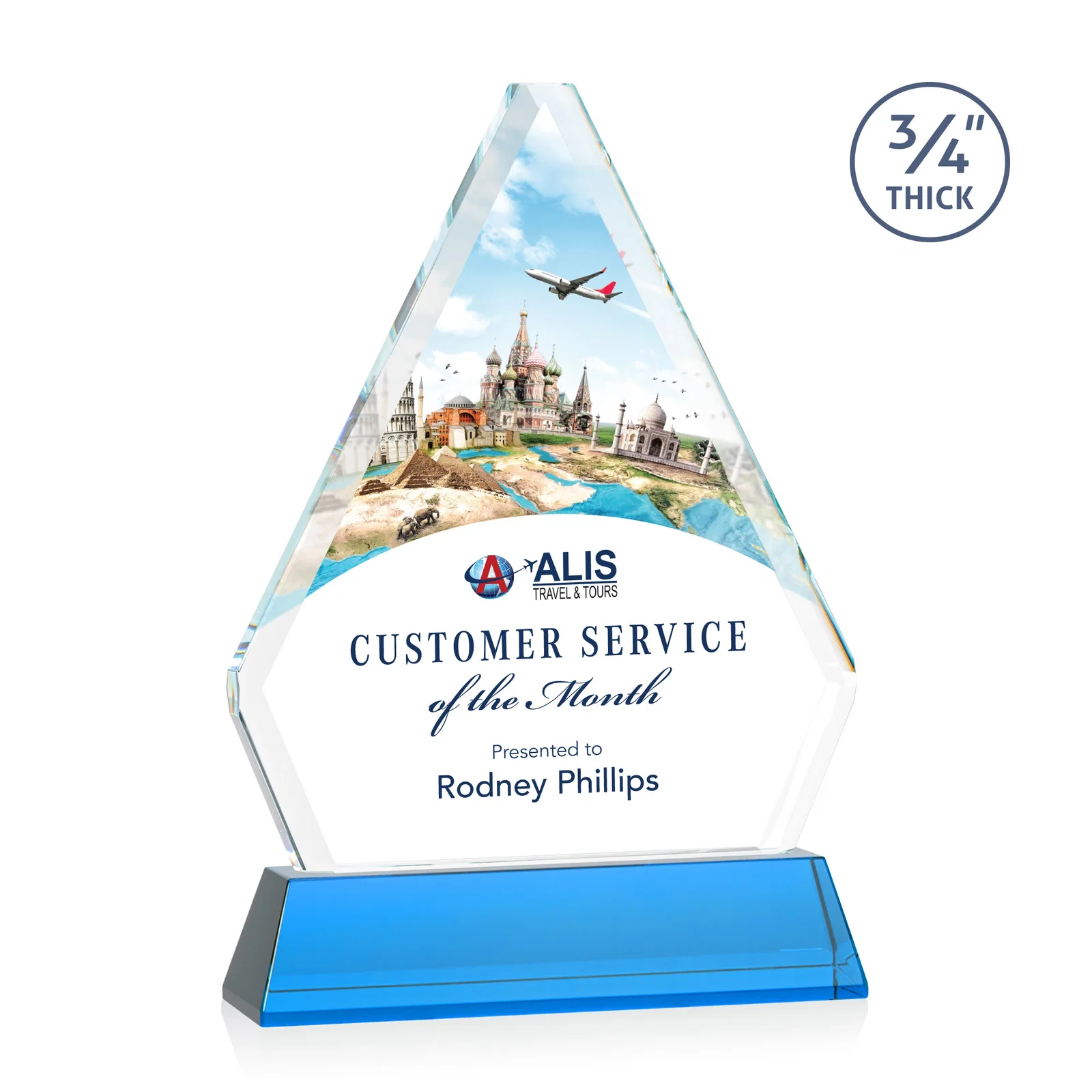 Custom printed Starfire Crystal Diamond Award with Base Inscription on Tall Base, awards for dealer and partner awards