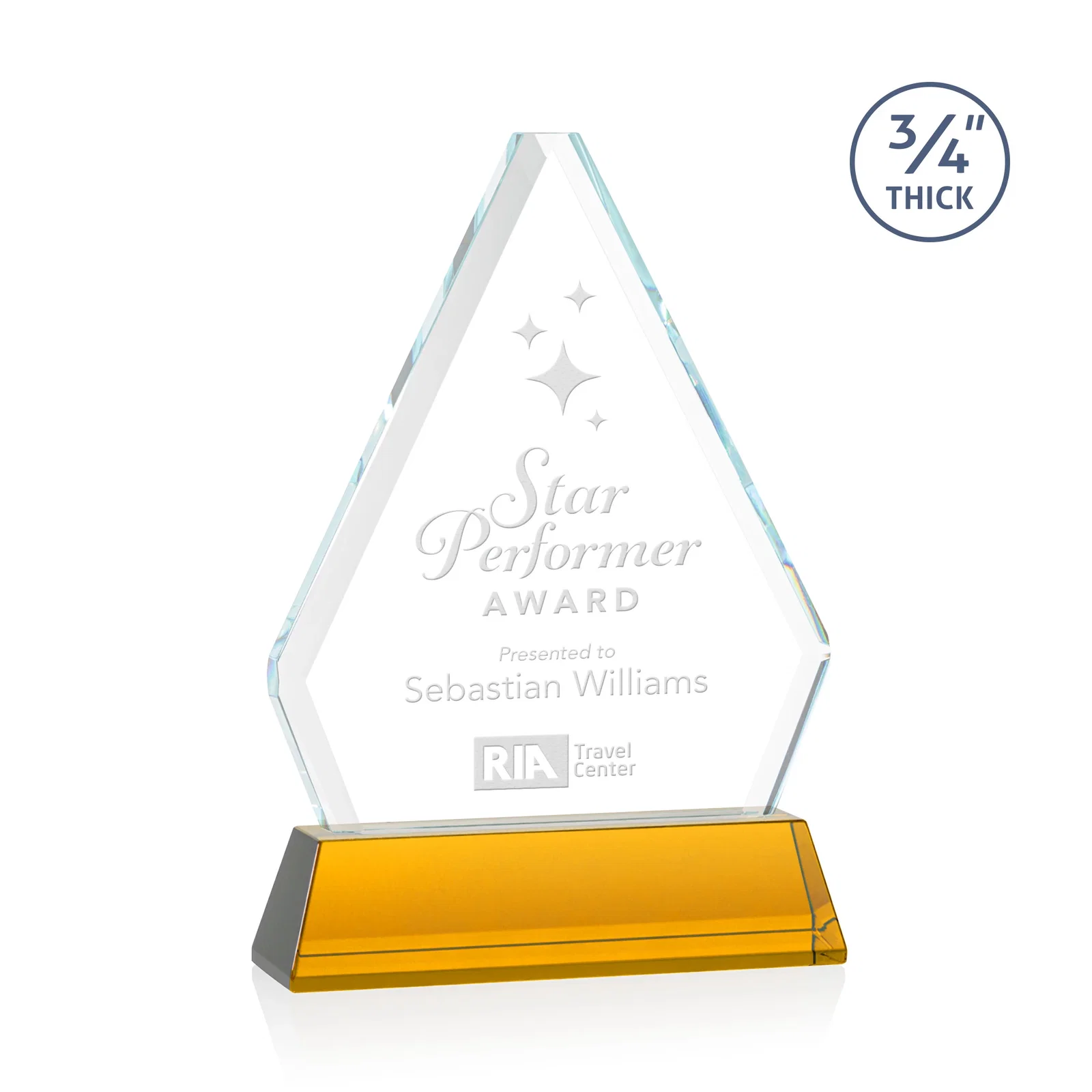 Custom Starfire Crystal Diamond Award with Base Inscription on Tall Base, awards for team milestone celebrations