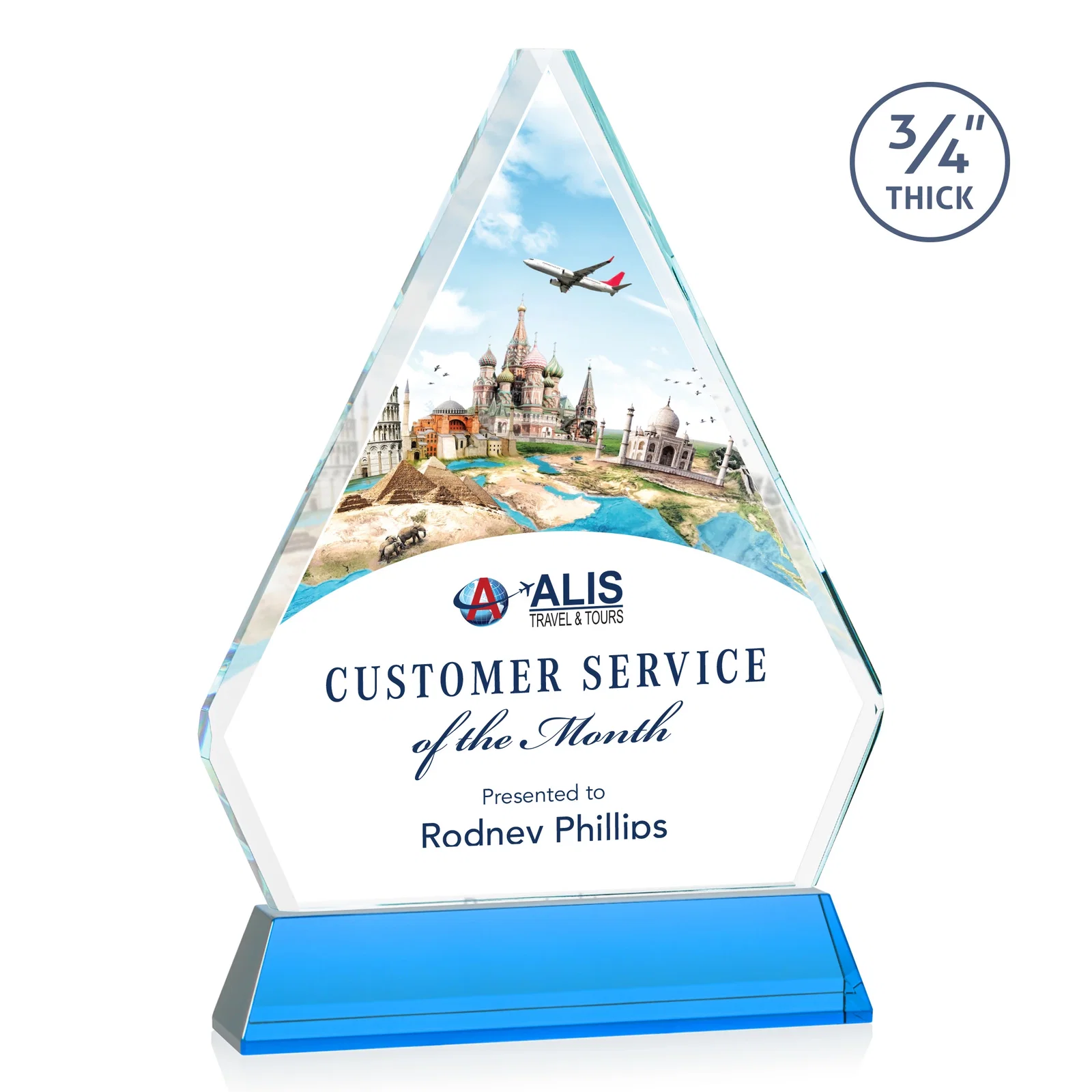 Custom printed Starfire Crystal Diamond Award with Base Inscription on Tall Base, awards for company anniversary events