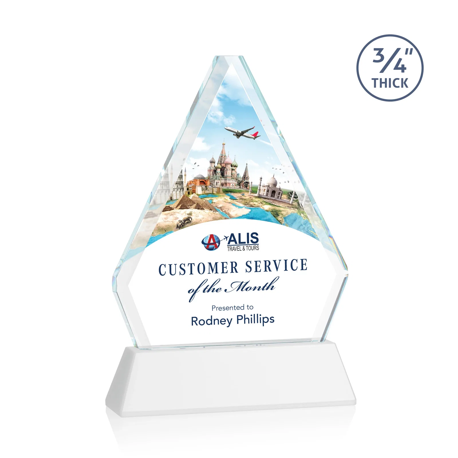 Customized Starfire Crystal Diamond Award with Base Inscription on Tall Base, awards for corporate award ceremonies