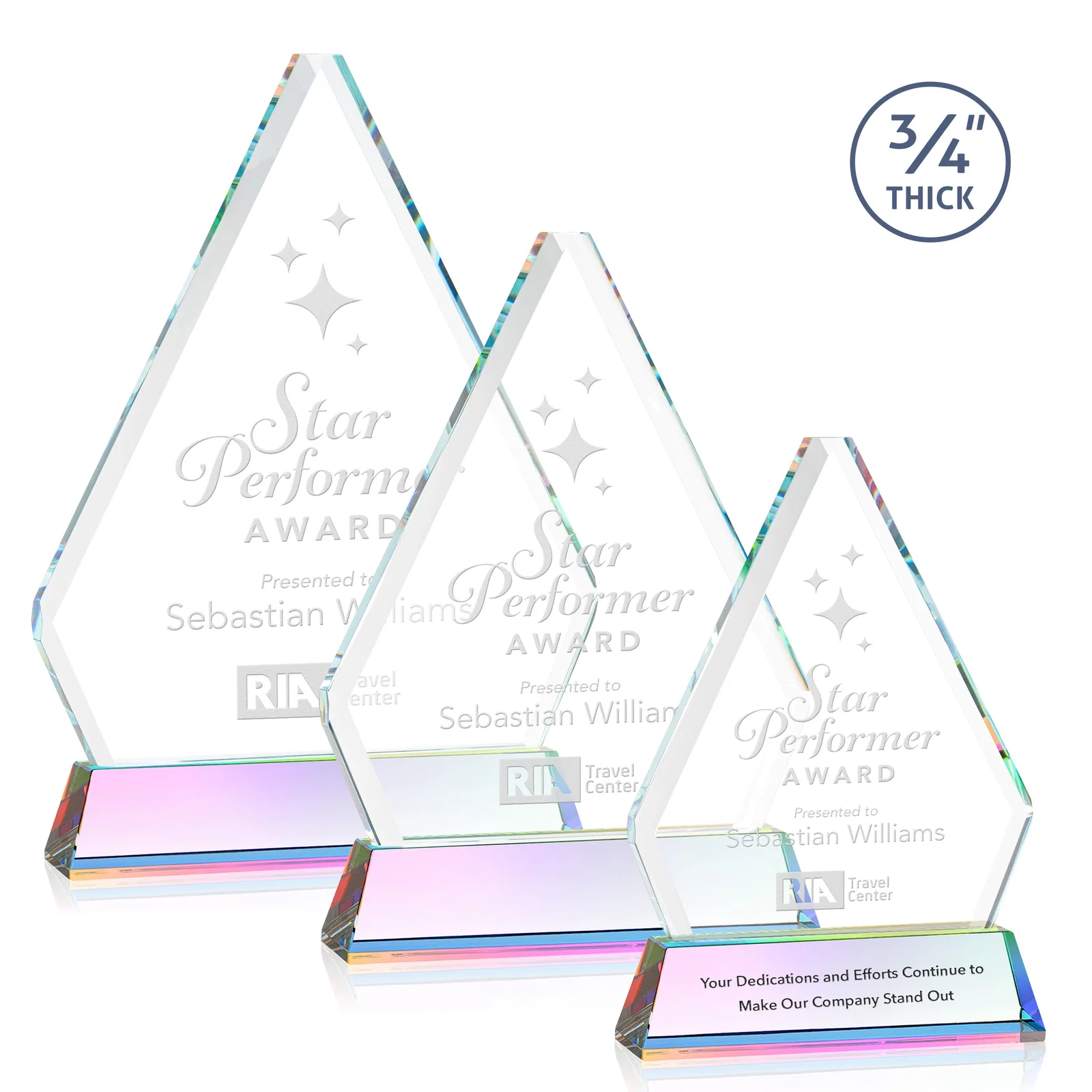Customized Starfire Crystal Diamond Award with Base Inscription on Tall Base, awards for retirement presentations