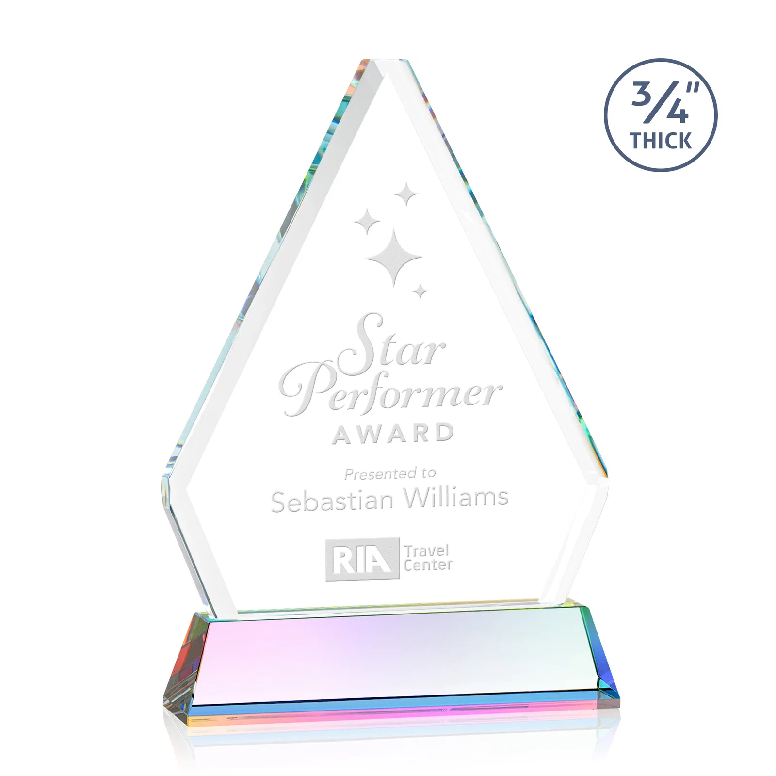 Customized Starfire Crystal Diamond Award with Base Inscription on Tall Base, awards for donor appreciation